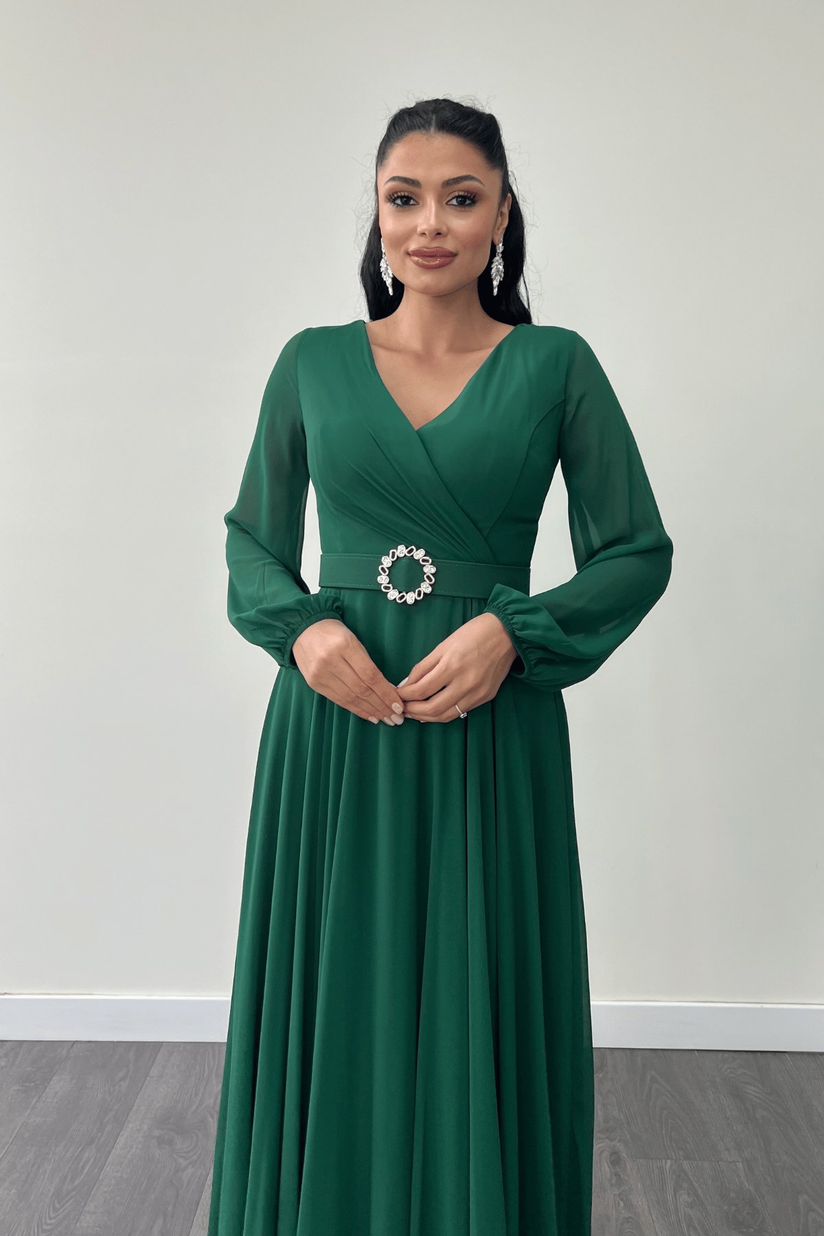 Şifon Kumaş Kemer Detaylı Midi Elbise - ZÜMRÜT YEŞİL