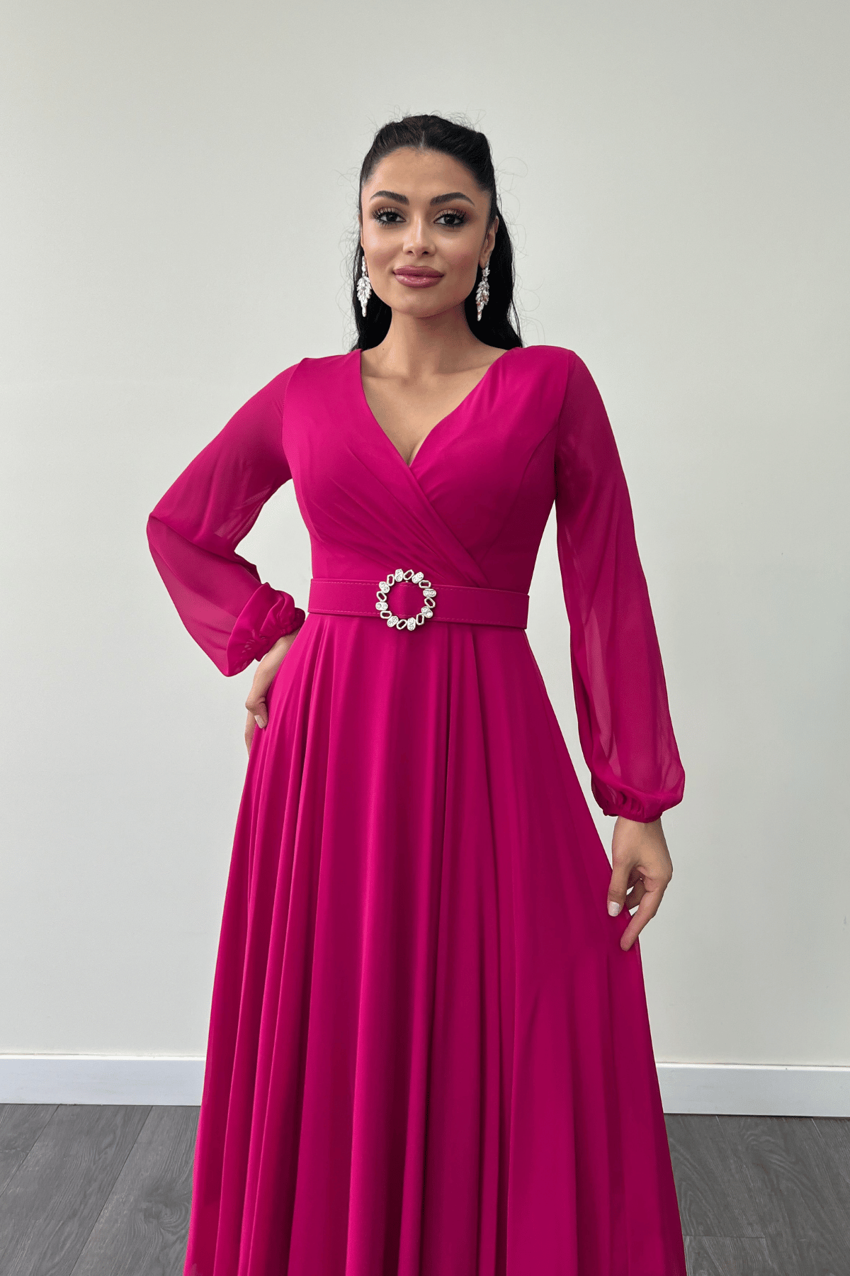 Şifon Kumaş Kemer Detaylı Midi Elbise - FUŞYA