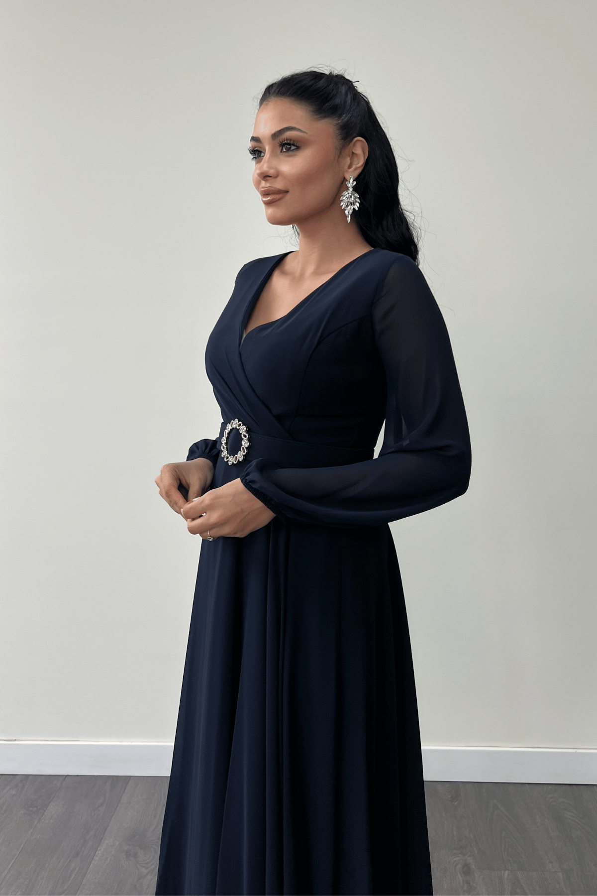 Şifon Kumaş Kemer Detaylı Midi Elbise - LACİVERT