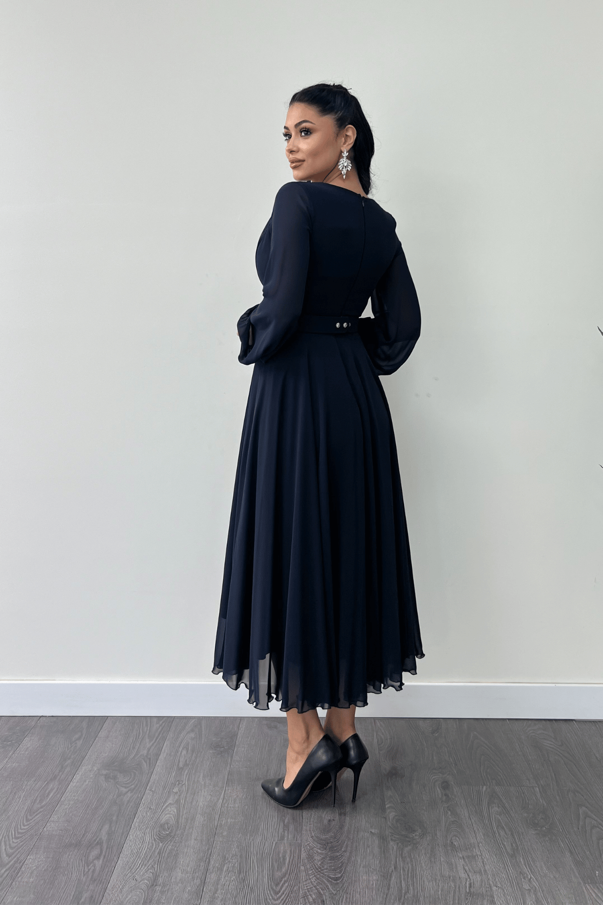 Şifon Kumaş Kemer Detaylı Midi Elbise - LACİVERT