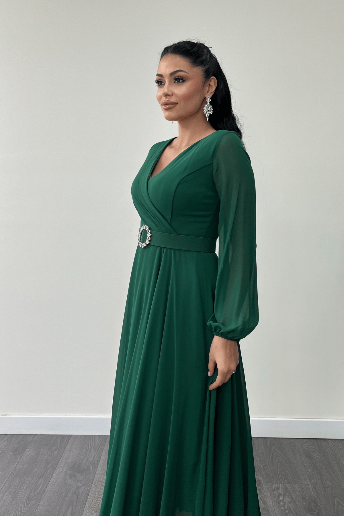 Şifon Kumaş Kemer Detaylı Midi Elbise - ZÜMRÜT YEŞİL