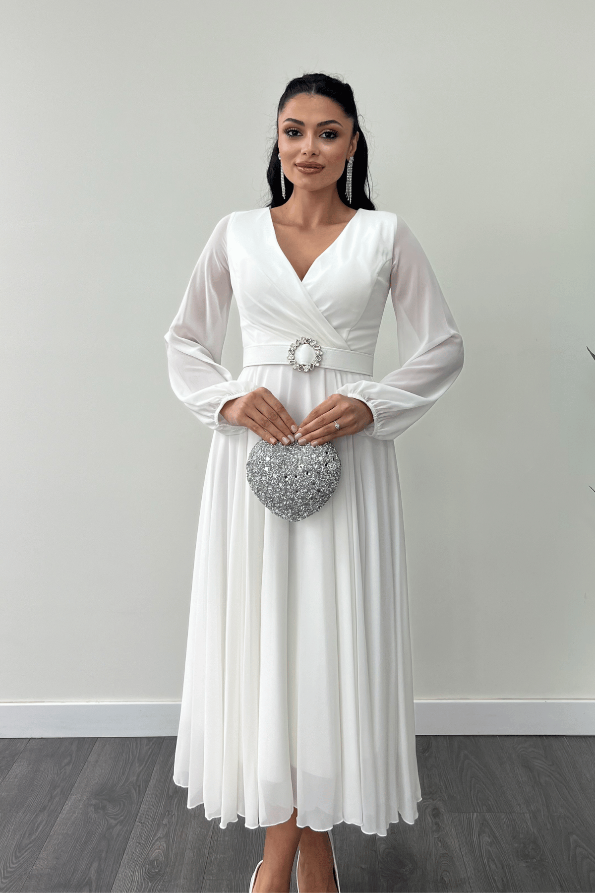 Şifon Kumaş Kemer Detaylı Midi Elbise - BEYAZ