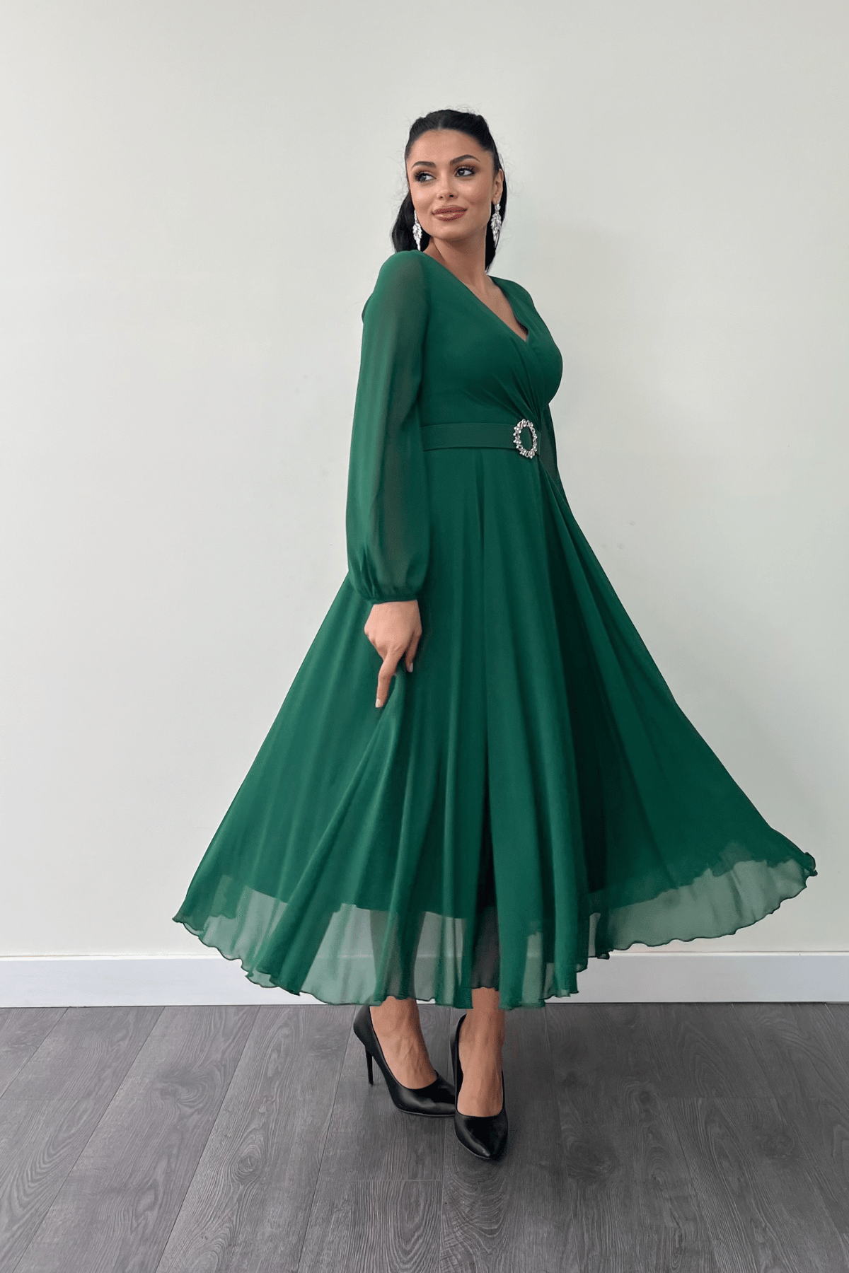 Şifon Kumaş Kemer Detaylı Midi Elbise - ZÜMRÜT YEŞİL