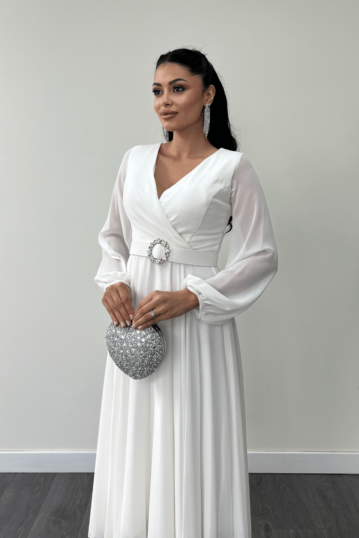 Şifon Kumaş Kemer Detaylı Midi Elbise - BEYAZ