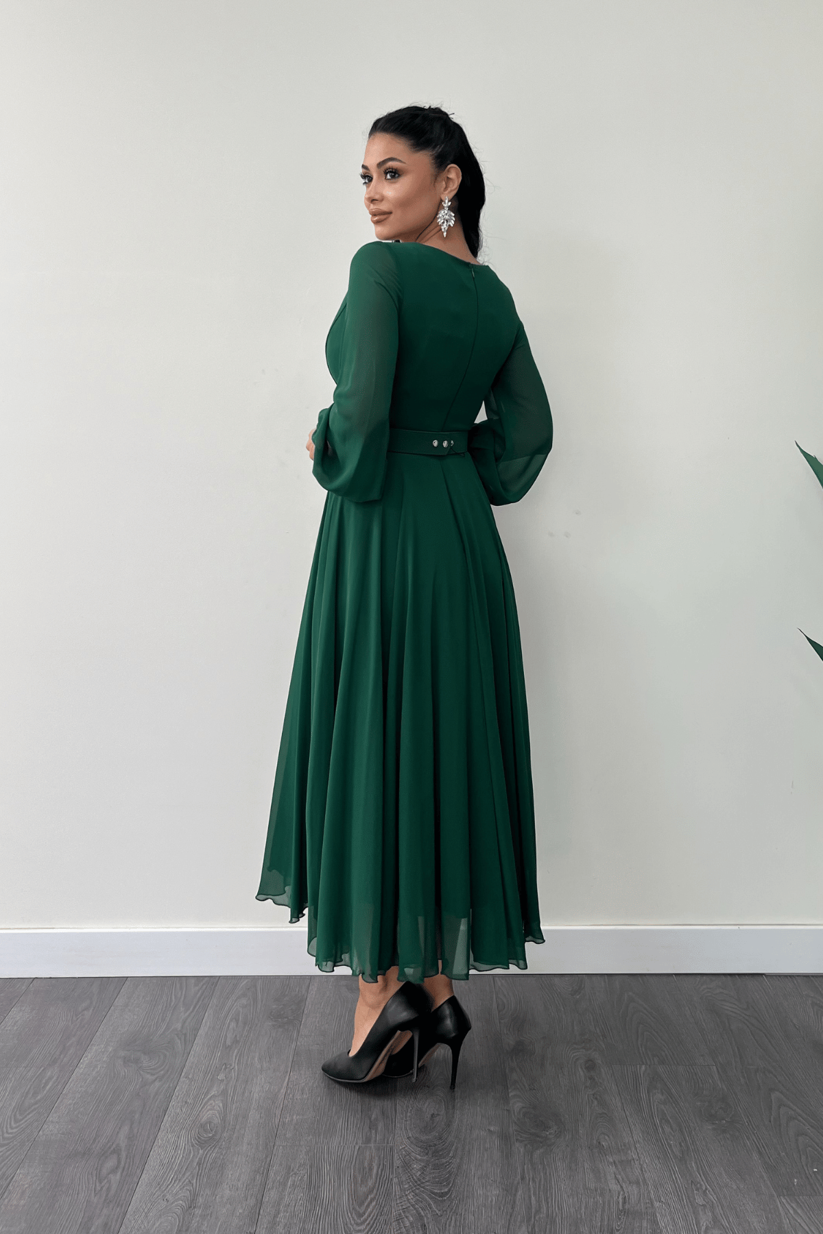 Şifon Kumaş Kemer Detaylı Midi Elbise - ZÜMRÜT YEŞİL