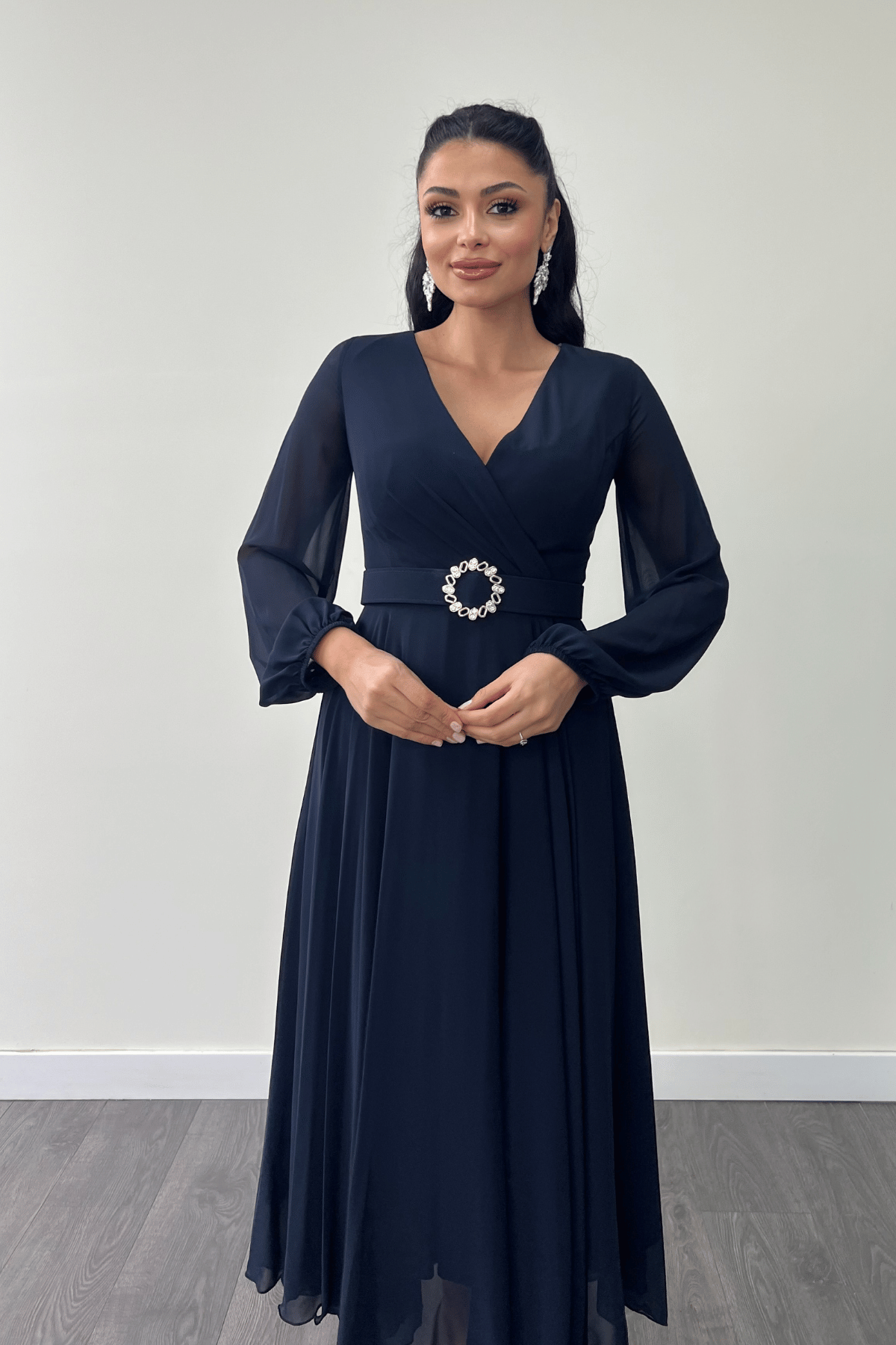 Şifon Kumaş Kemer Detaylı Midi Elbise - LACİVERT