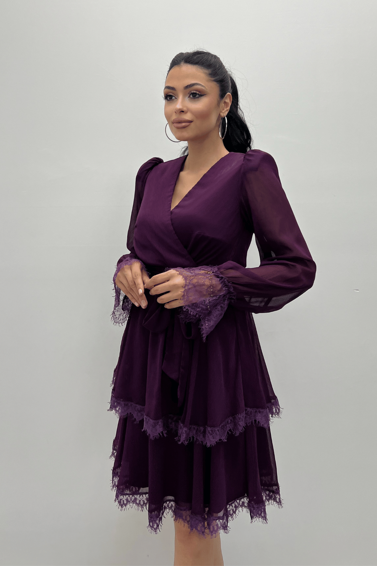 Sifon Kumaş Kruvaze Yaka Mini Elbise - PATLICAN MOR