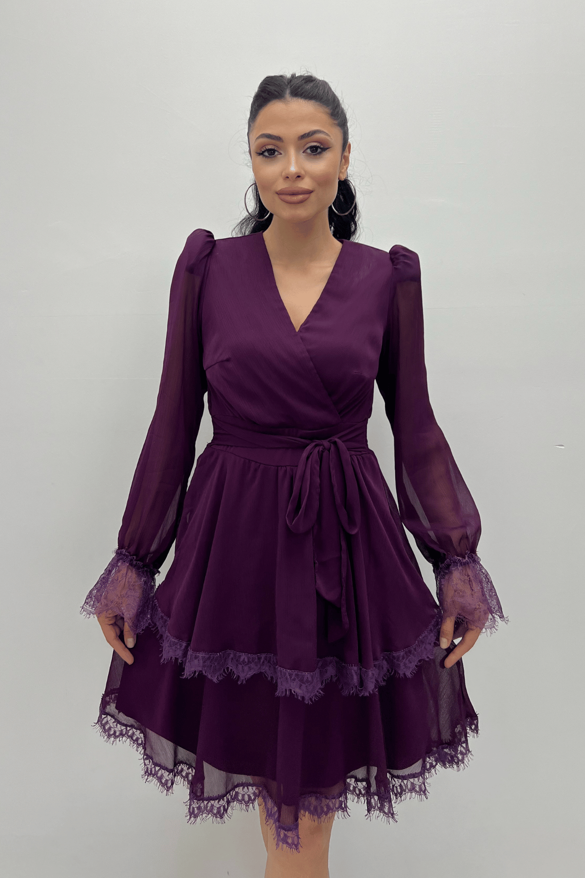 Sifon Kumaş Kruvaze Yaka Mini Elbise - PATLICAN MOR