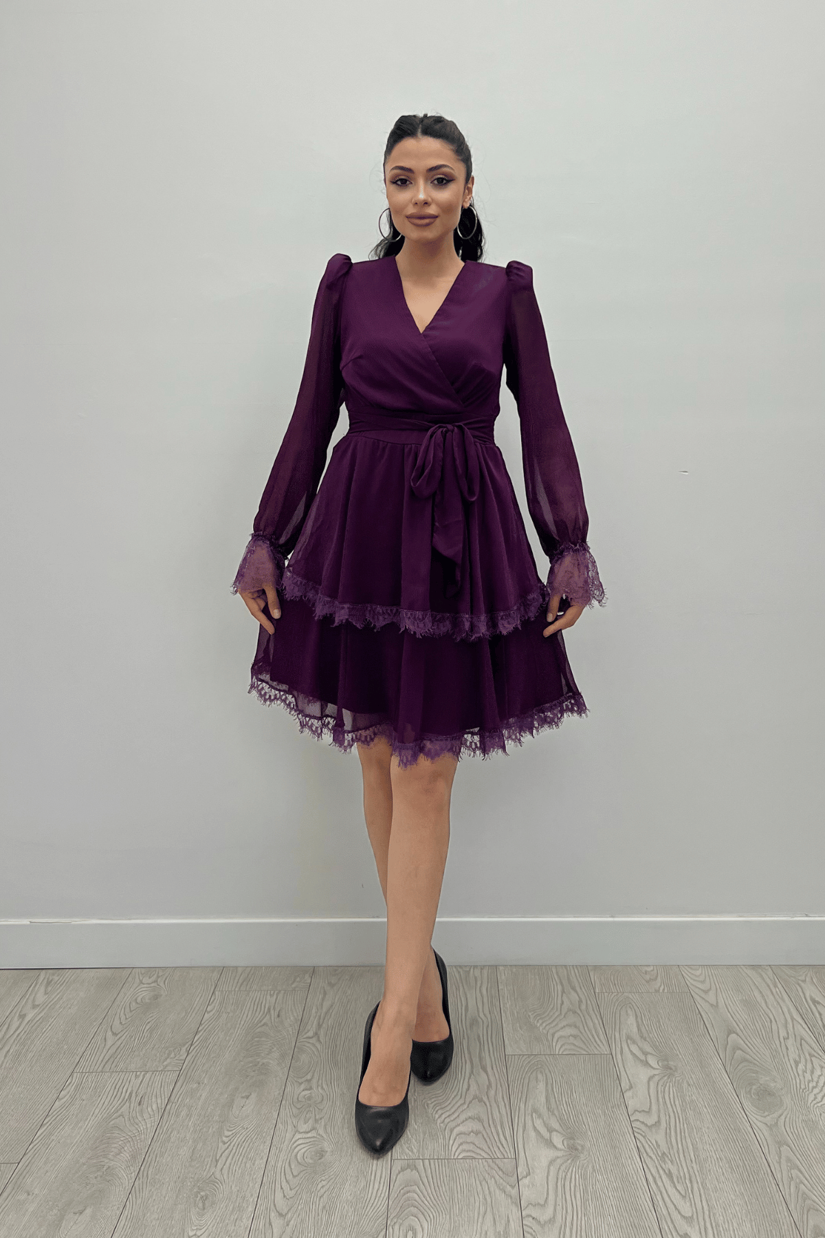 Sifon Kumaş Kruvaze Yaka Mini Elbise - PATLICAN MOR