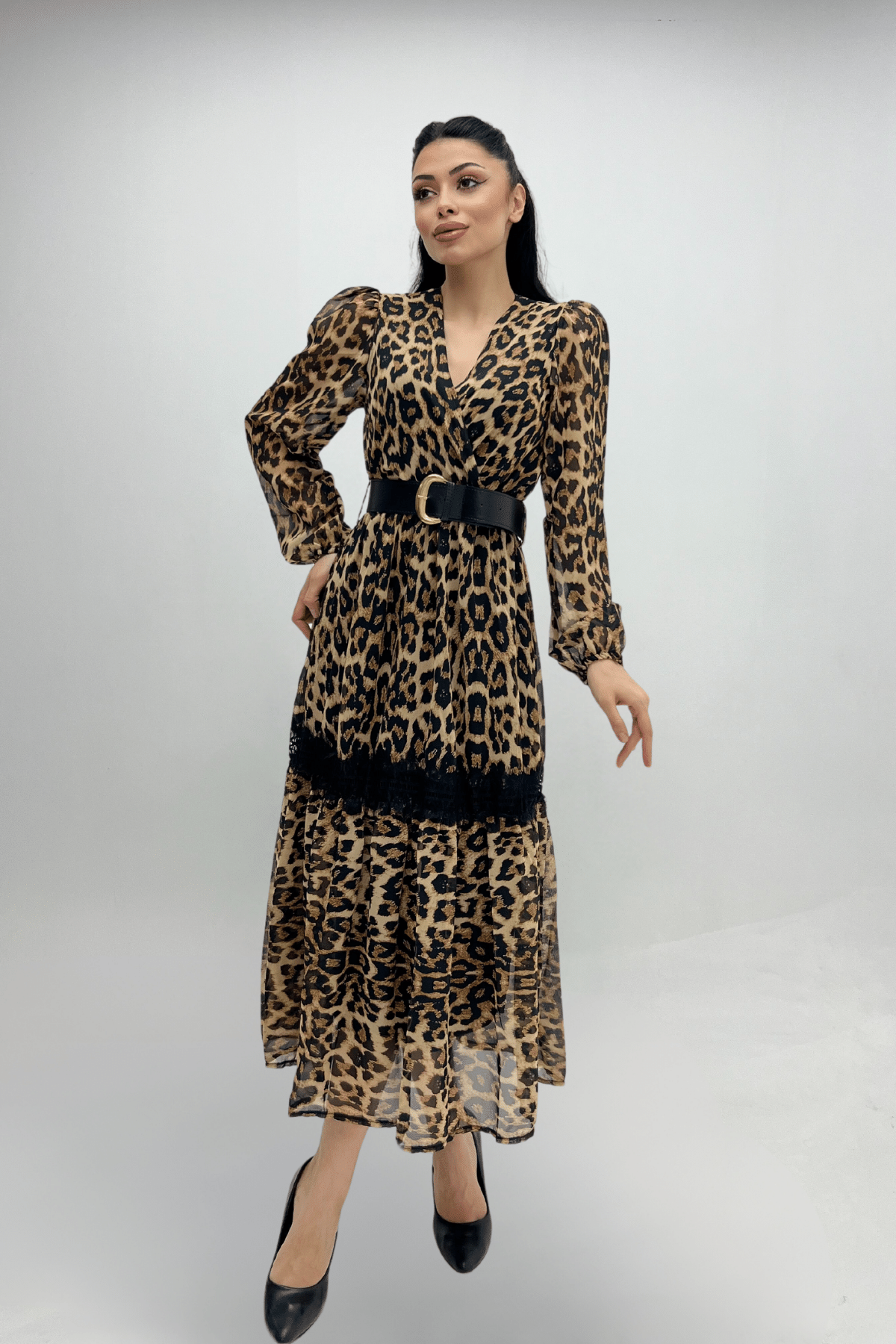 Şifon Kumaş Leopar Desenli Midi Elbise - LEOPAR