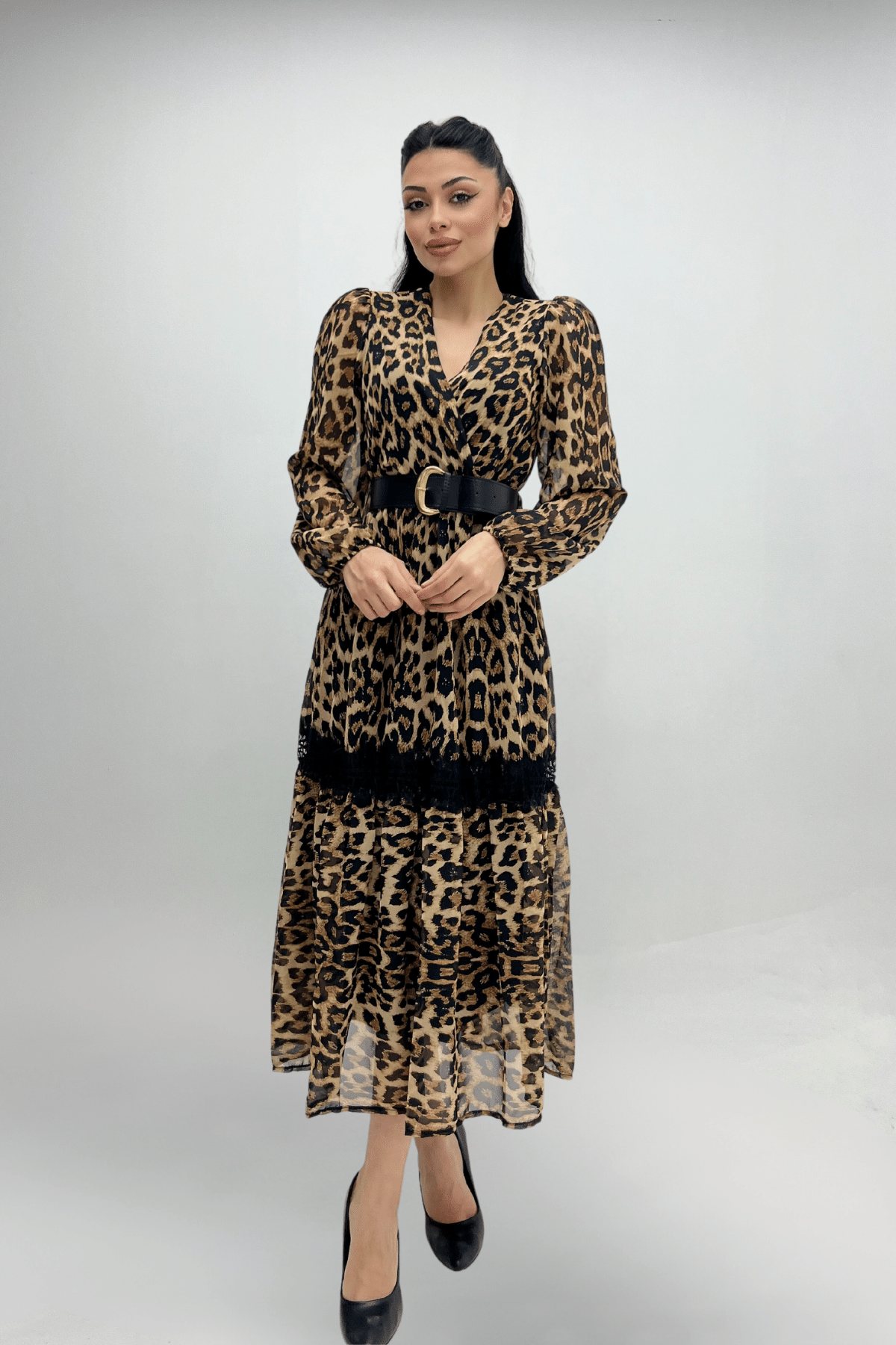 Şifon Kumaş Leopar Desenli Midi Elbise - LEOPAR