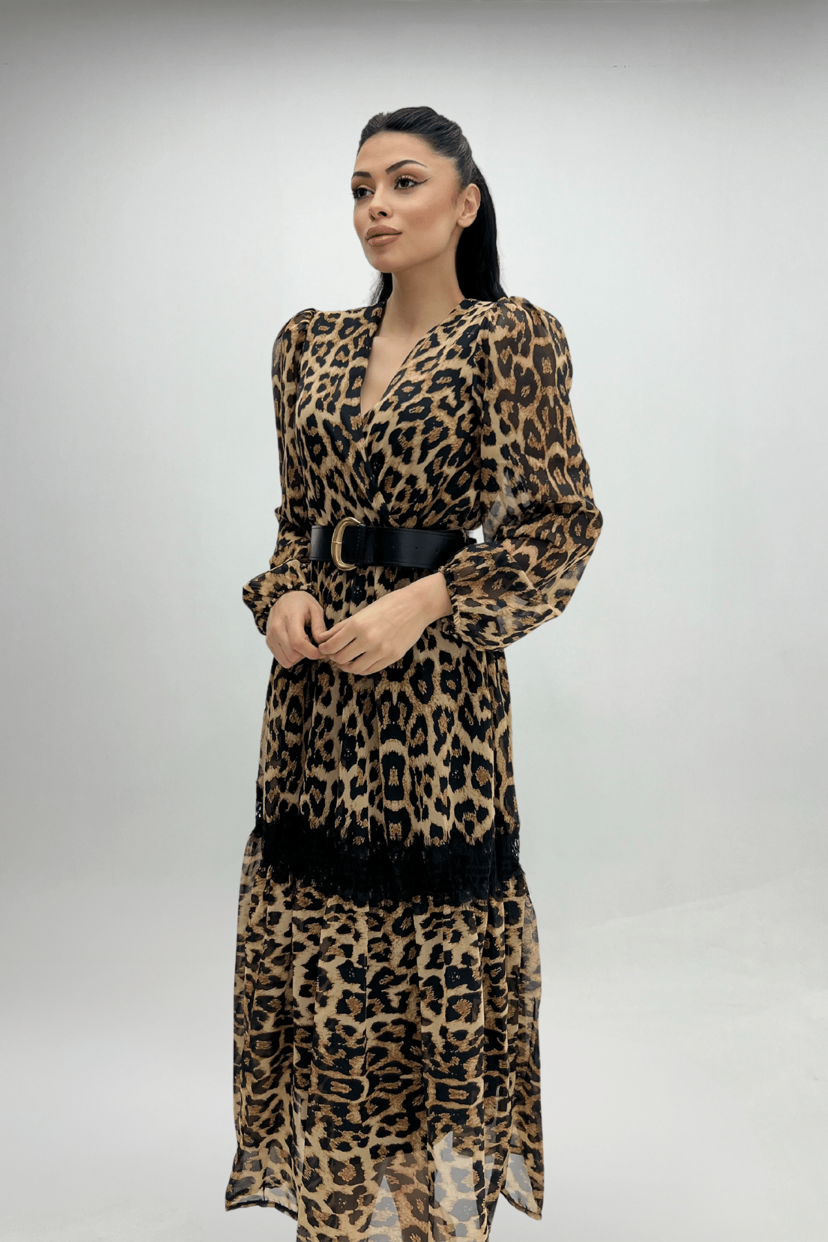 Şifon Kumaş Leopar Desenli Midi Elbise - LEOPAR