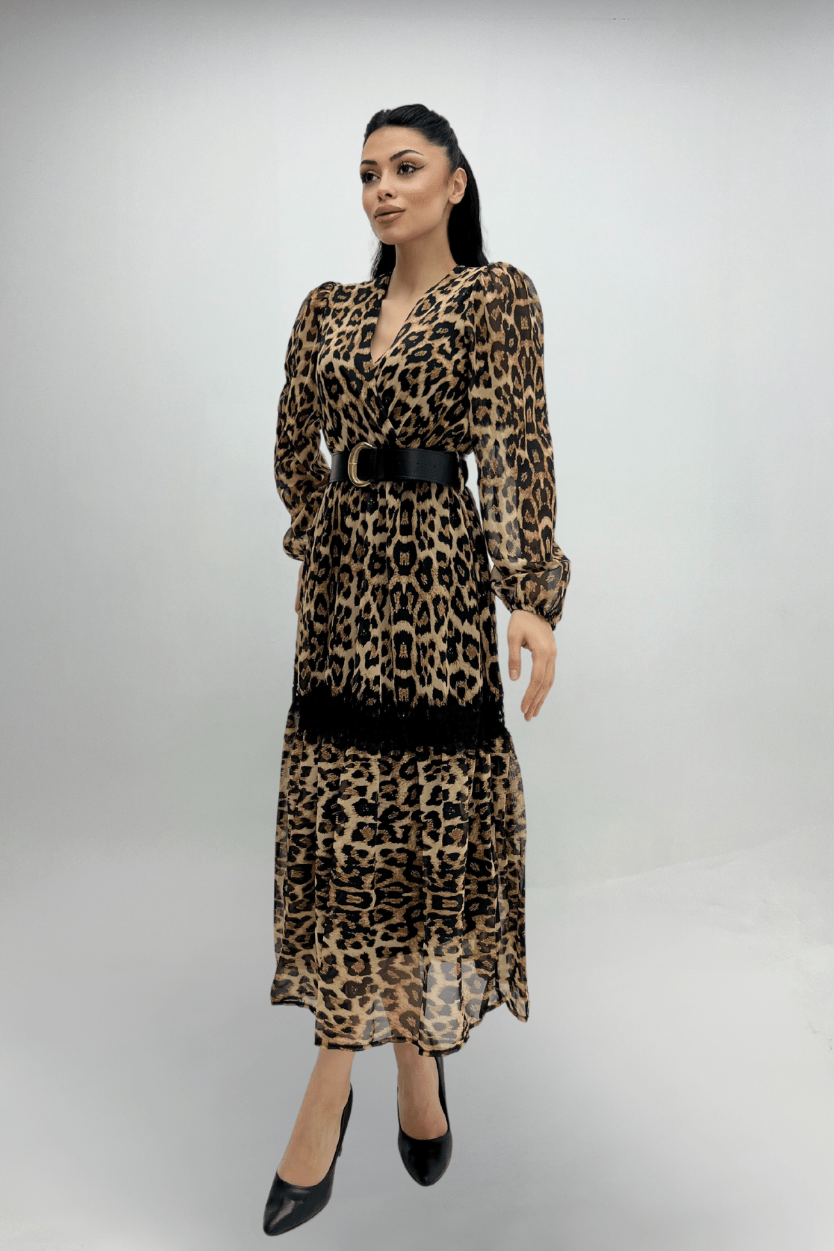 Şifon Kumaş Leopar Desenli Midi Elbise - LEOPAR