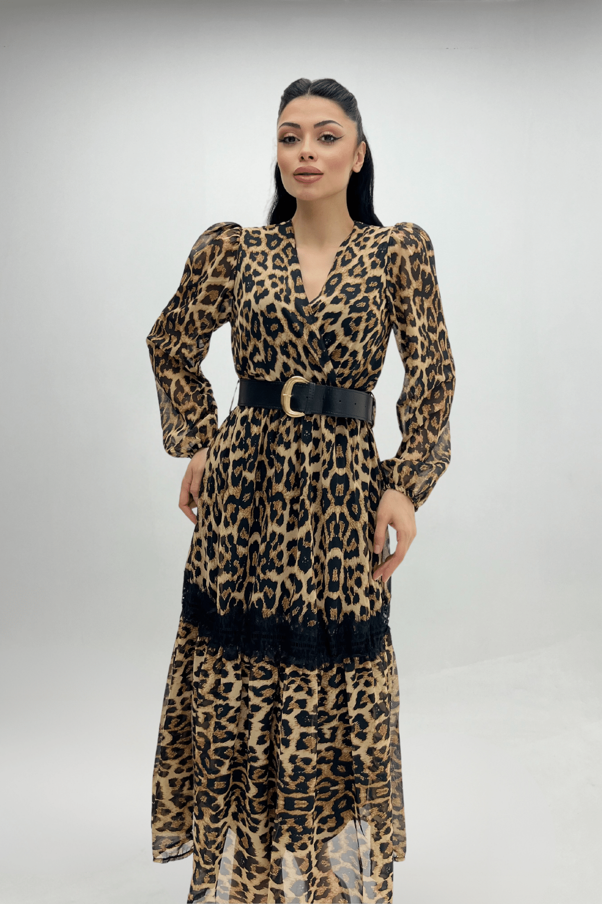 Şifon Kumaş Leopar Desenli Midi Elbise - LEOPAR