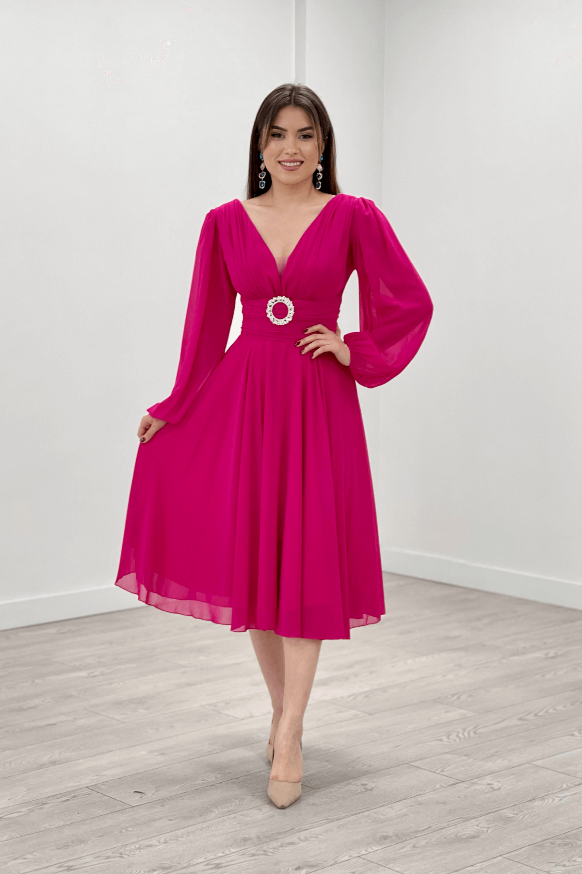 Şifon Kumaş Midi Boy Elbise - FUŞYA