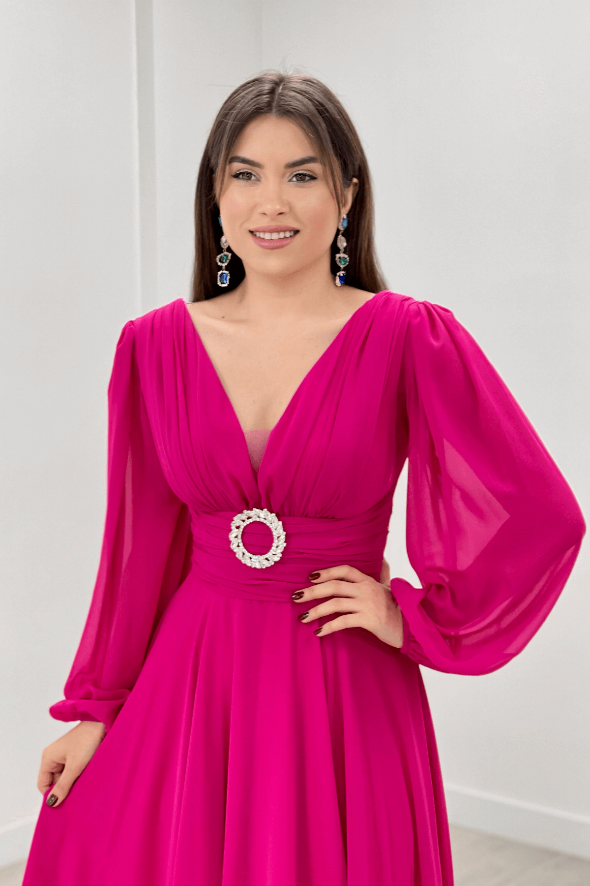 Şifon Kumaş Midi Boy Elbise - FUŞYA