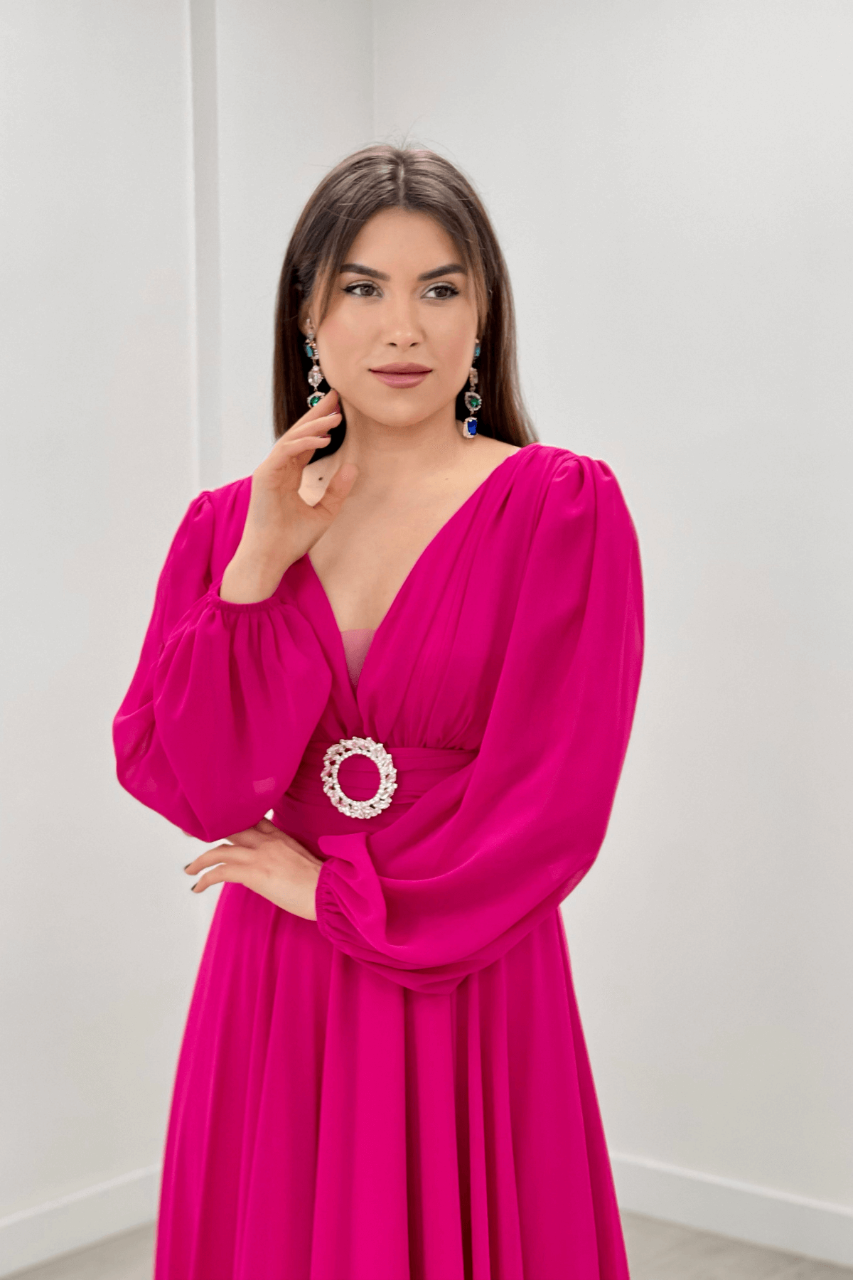 Şifon Kumaş Midi Boy Elbise - FUŞYA