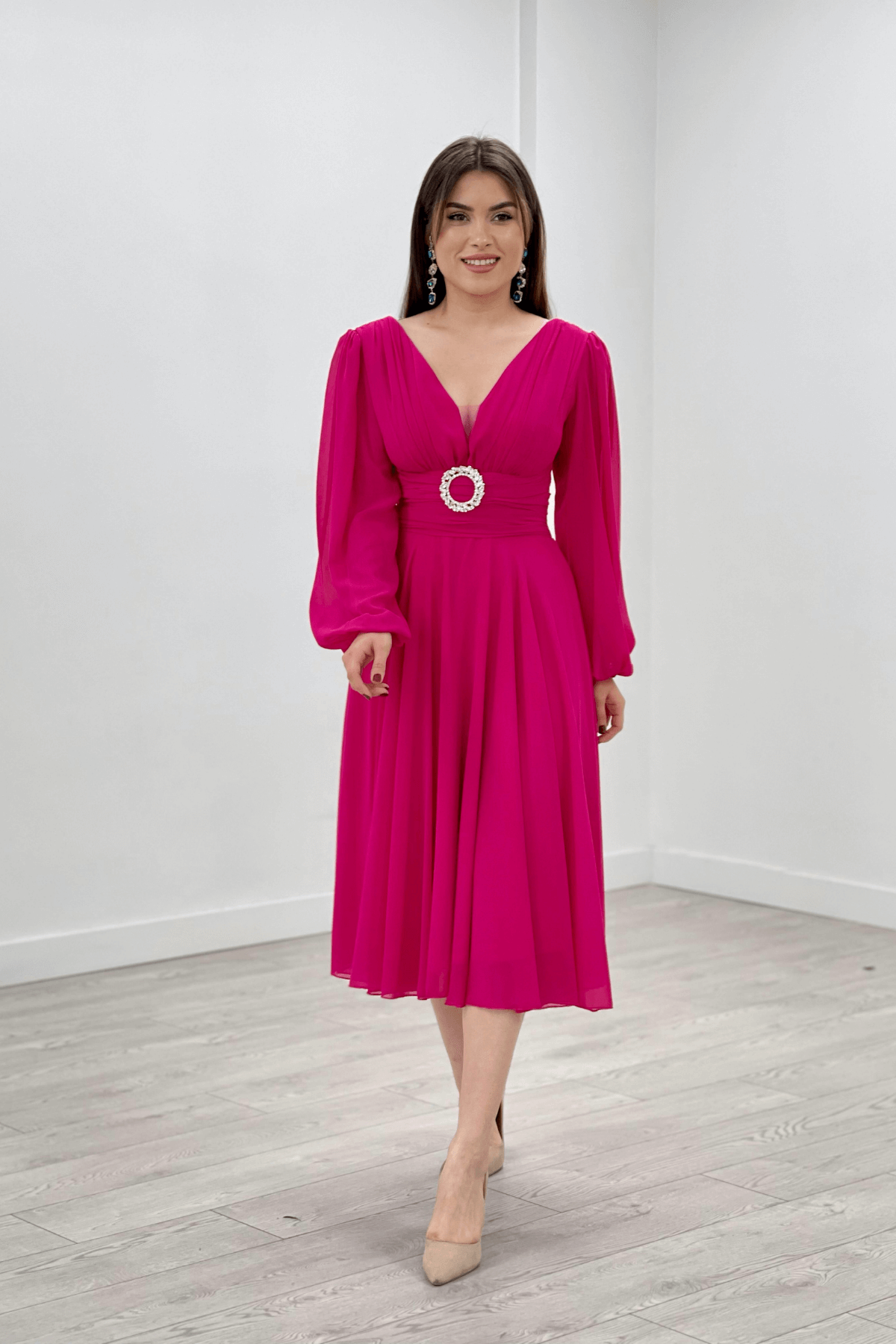 Şifon Kumaş Midi Boy Elbise - FUŞYA