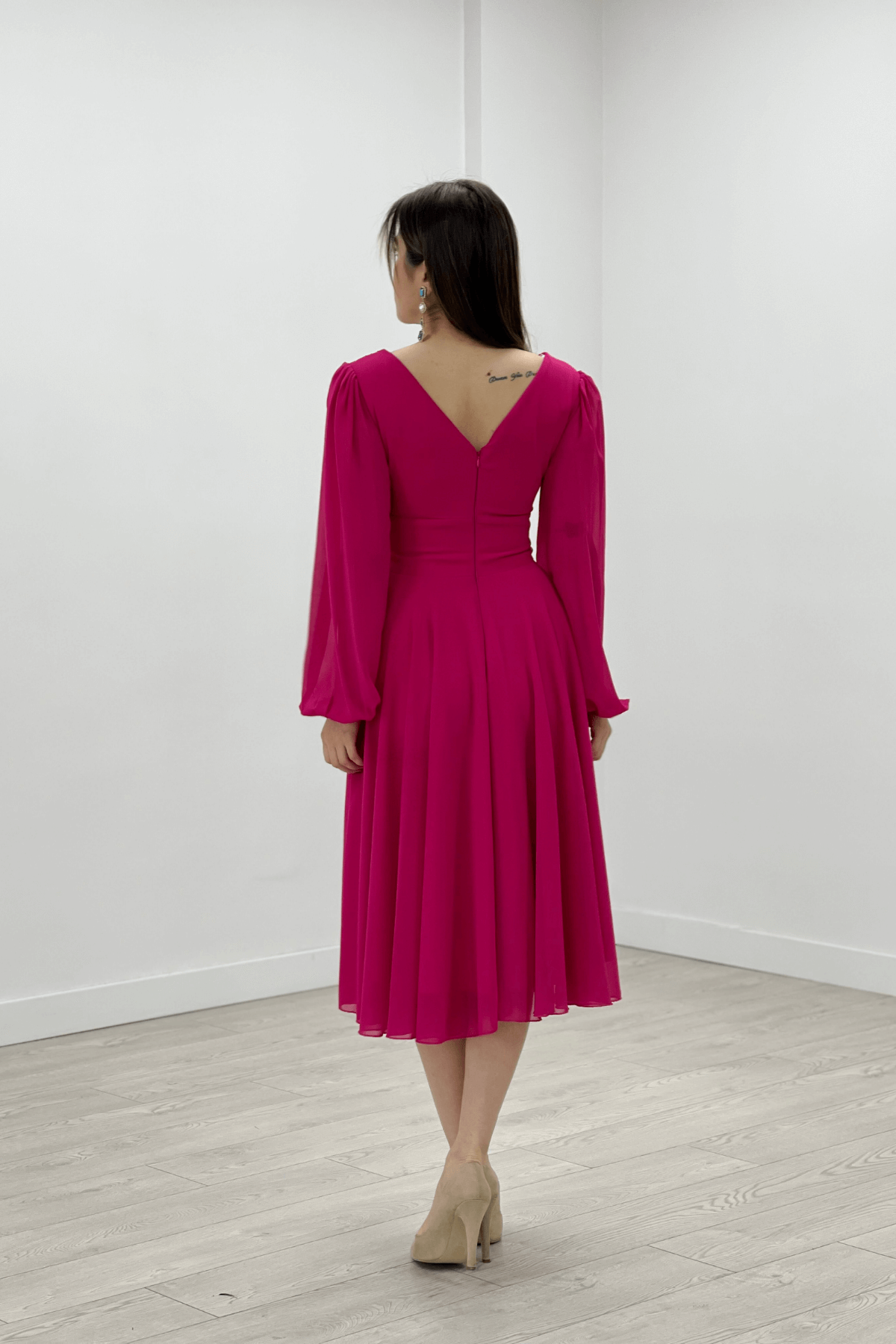 Şifon Kumaş Midi Boy Elbise - FUŞYA