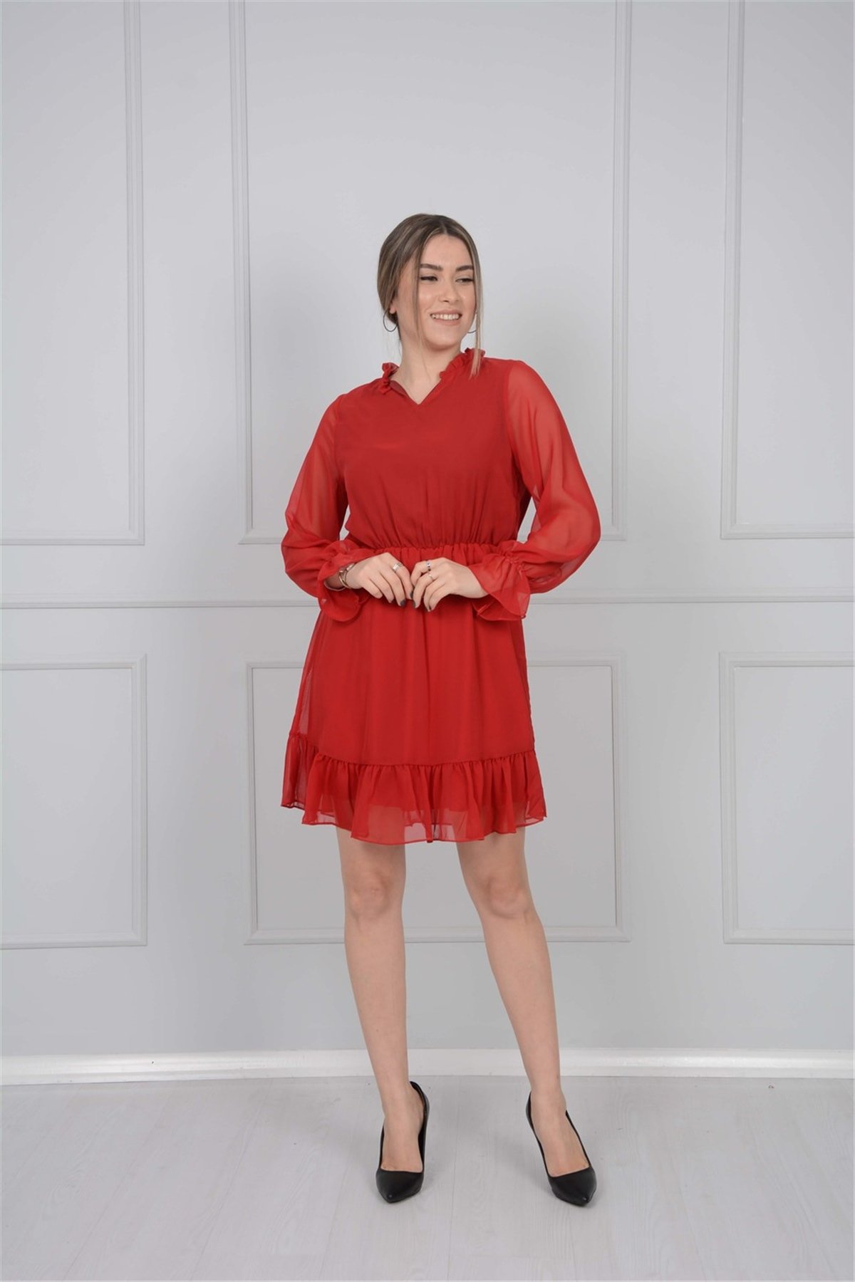 Şifon Kumaş Mini Elbise - Kırmızı