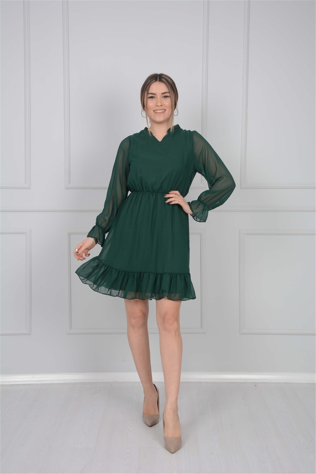 Şifon Kumaş Mini Elbise - Zümrüt