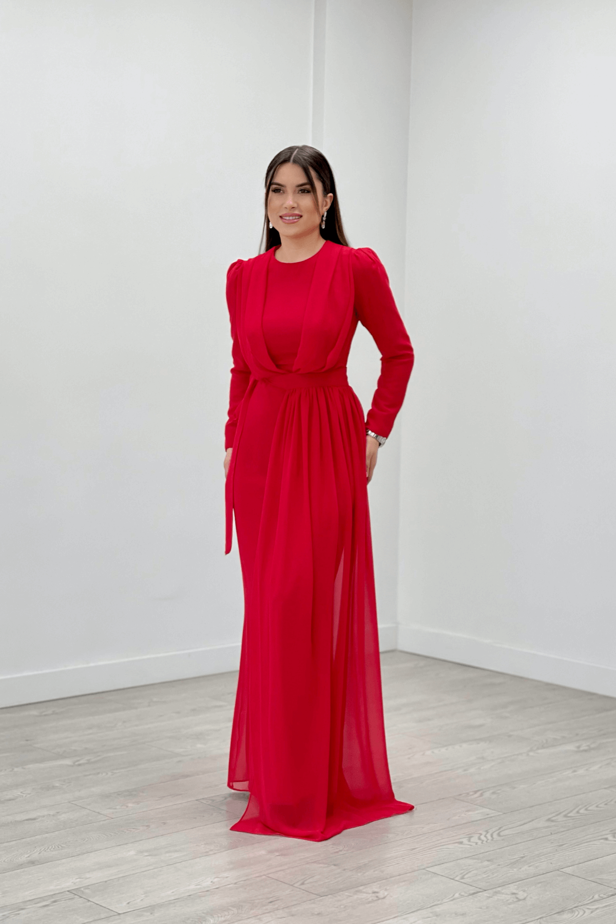 Şifon Kumaş Pelerin Detaylı Abiye Elbise - KIRMIZI