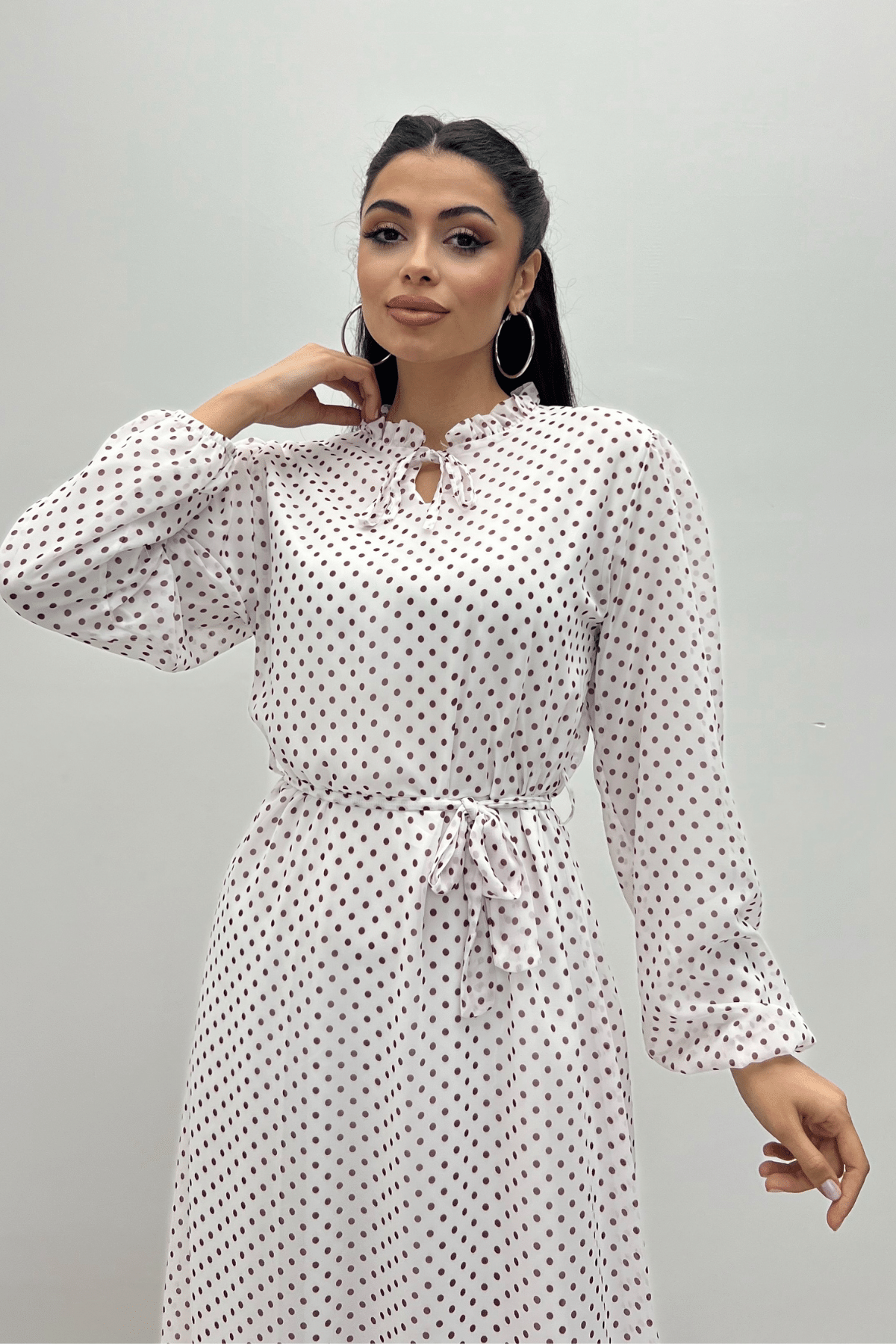 Sifon Kumaş Puantiye Desenli Elbise - KAHVERENGİ