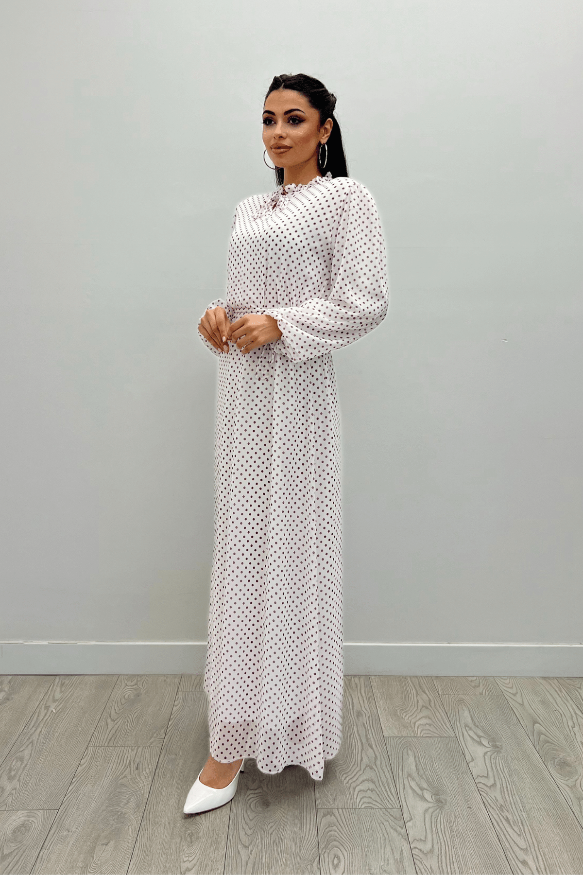 Sifon Kumaş Puantiye Desenli Elbise - KAHVERENGİ