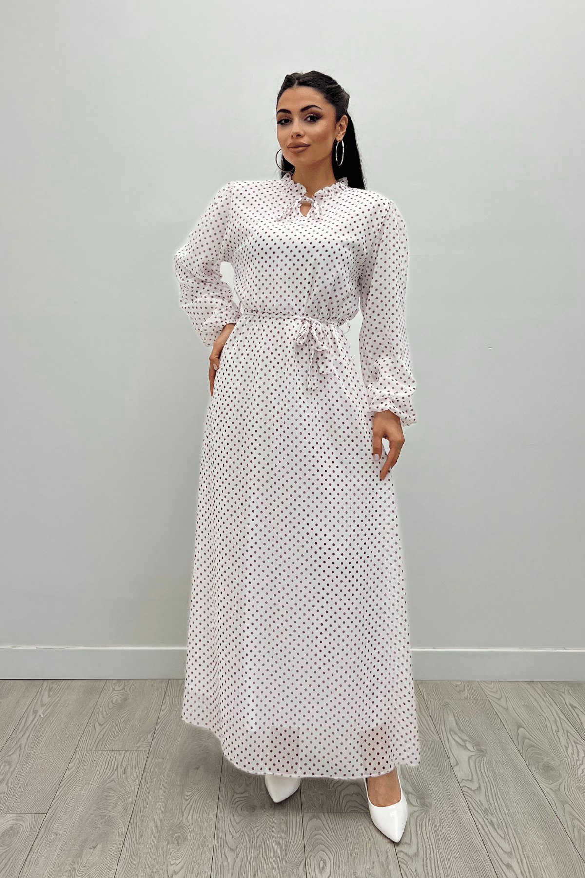 Sifon Kumaş Puantiye Desenli Elbise - KAHVERENGİ