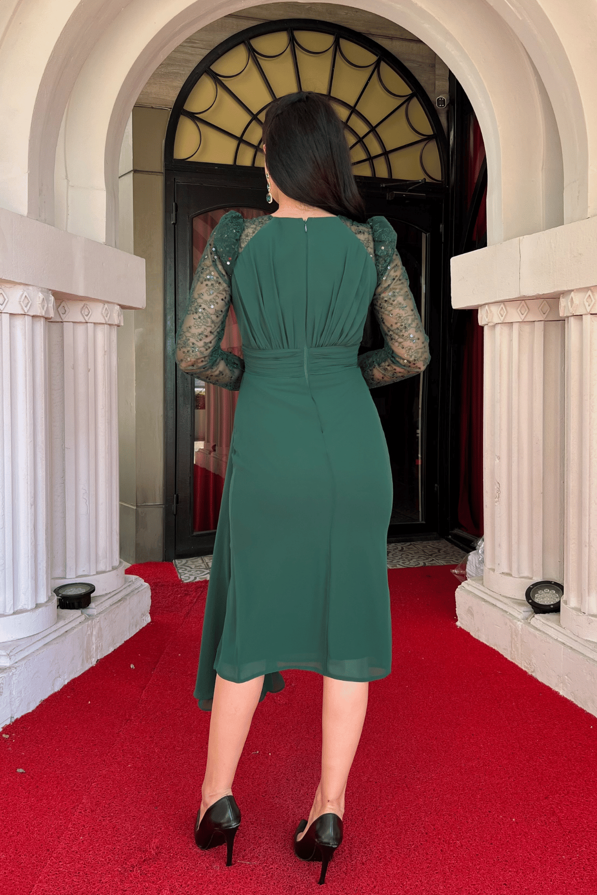 Şifon Kumaş Pul Payet Tasarım Kalem Elbise - ZÜMRÜT YEŞİL