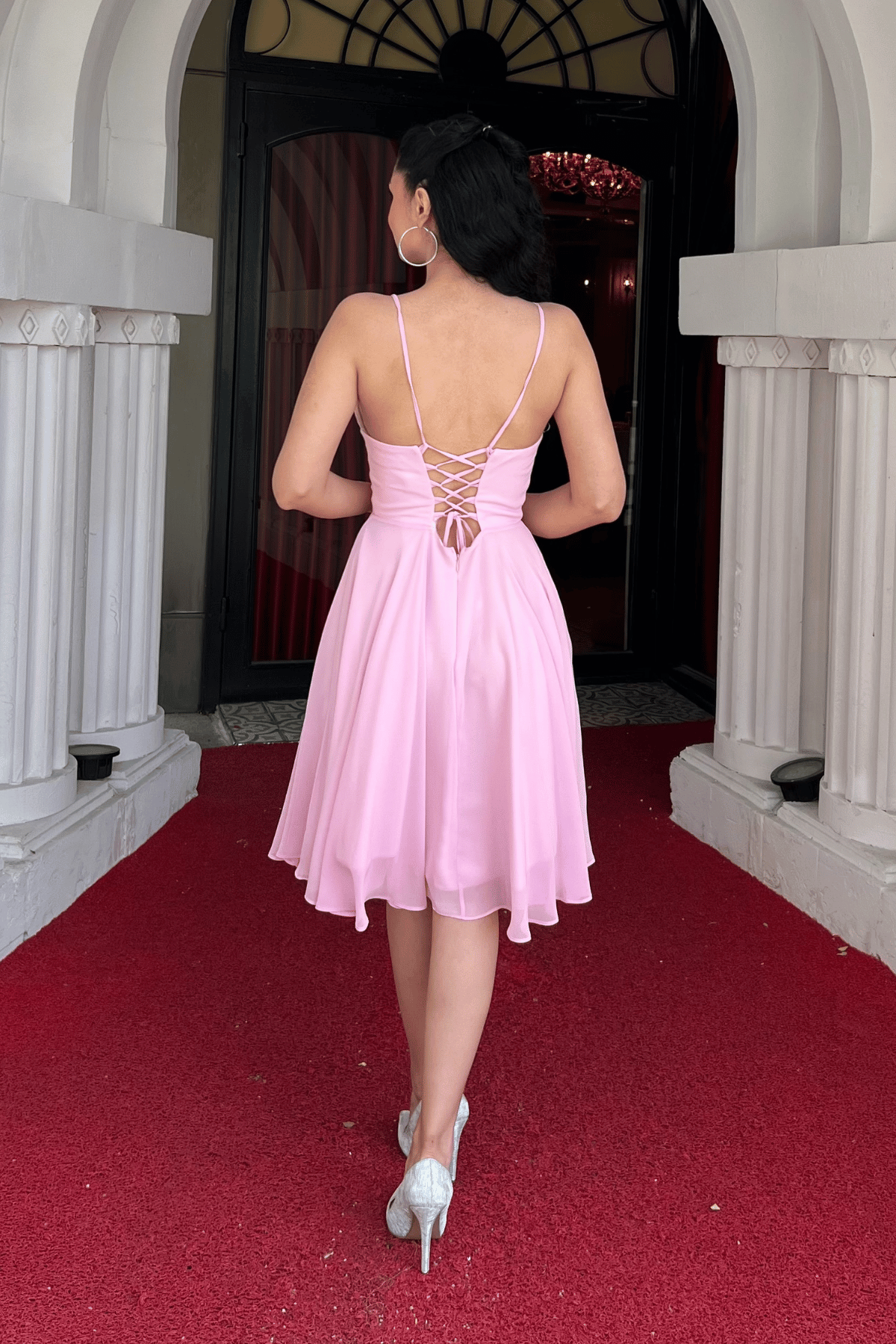 Sifon Kumaş Sırtı İpli Elbise - PEMBE