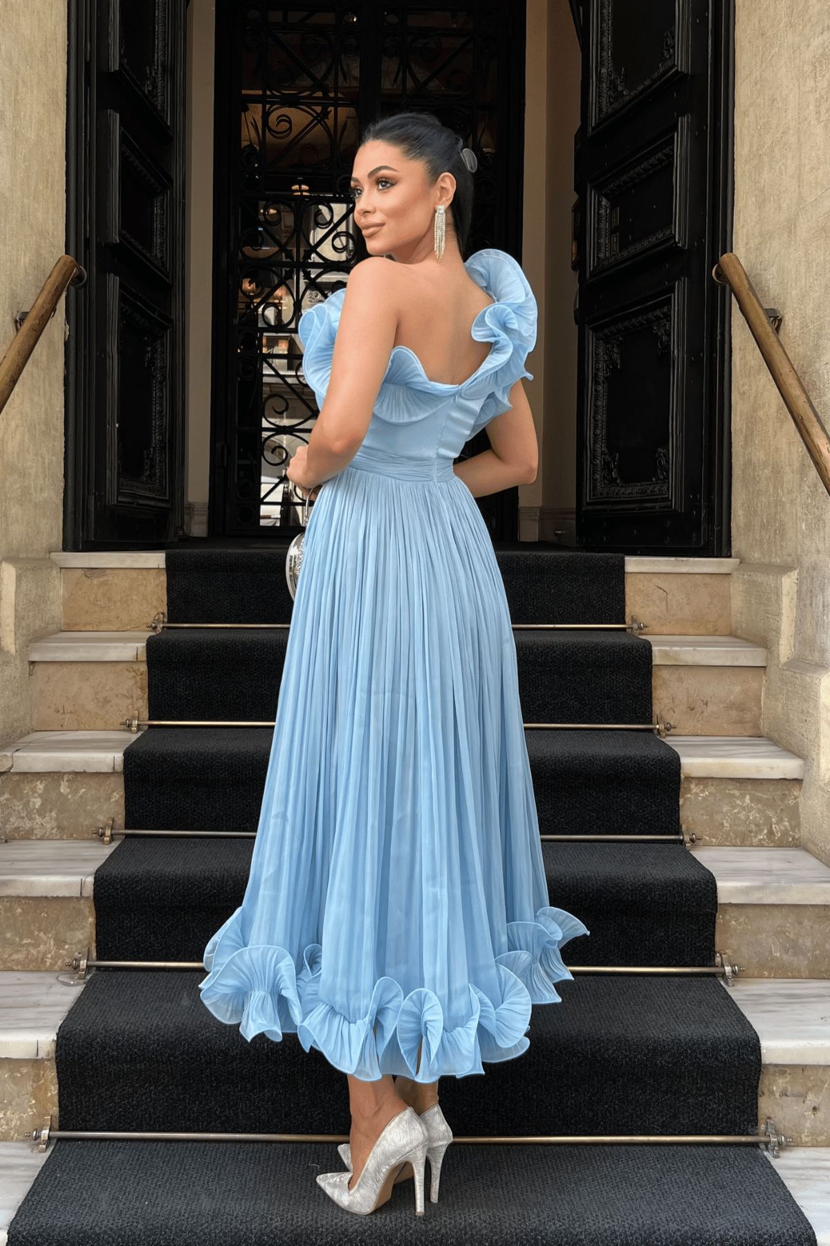 Şifon Kumaş Tek Kol Abiye Elbise - BEBE MAVİSİ