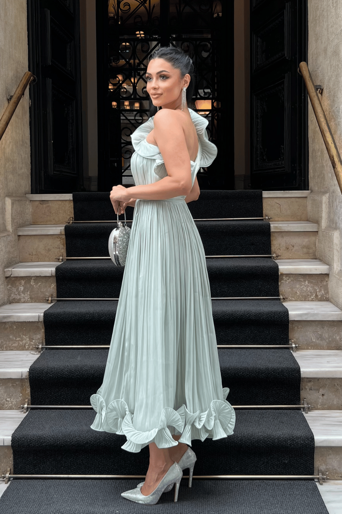 Şifon Kumaş Tek Kol Abiye Elbise - MİNT YEŞİLİ