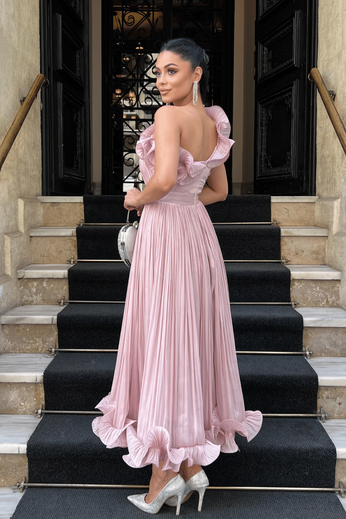 Şifon Kumaş Tek Kol Abiye Elbise - PUDRA