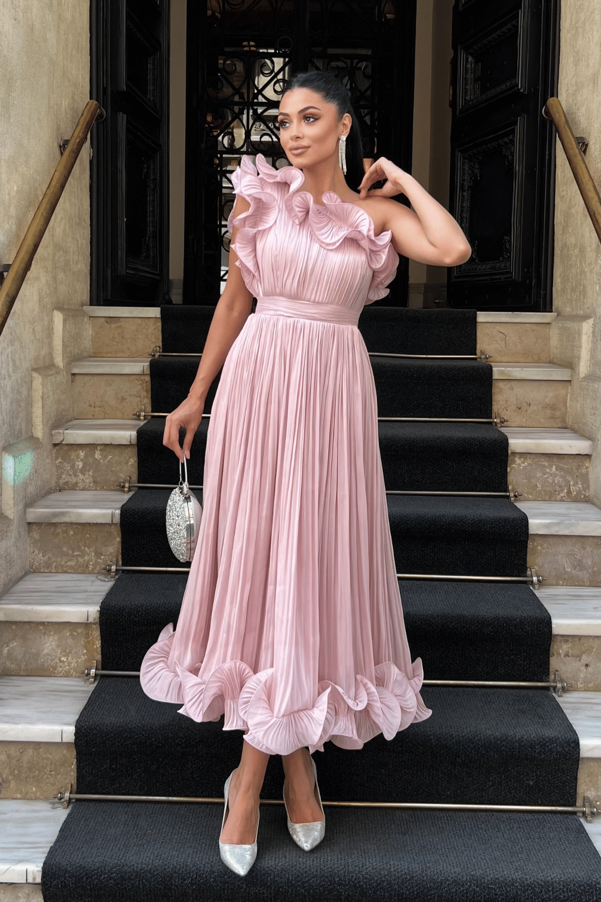 Şifon Kumaş Tek Kol Abiye Elbise - PUDRA