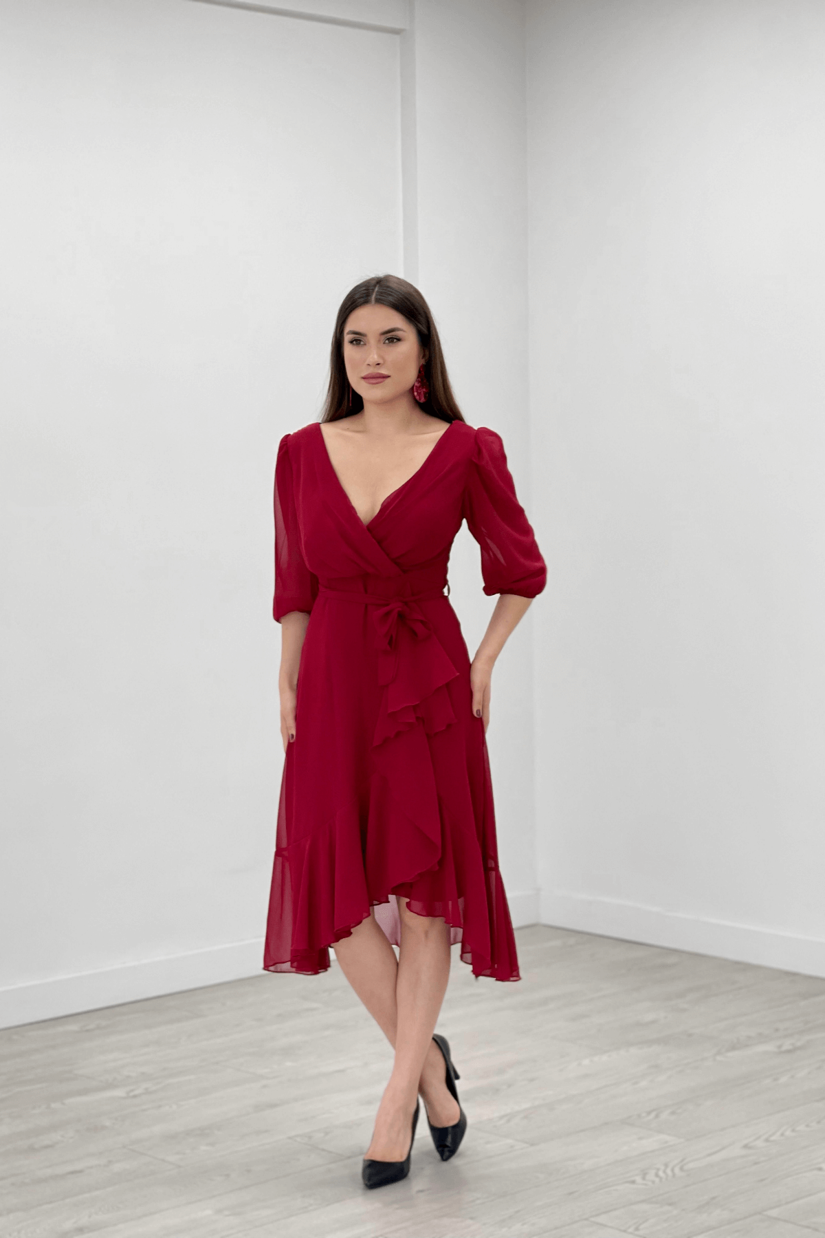 Şifon Kumaş Volan Detaylı Abiye Elbise - BORDO