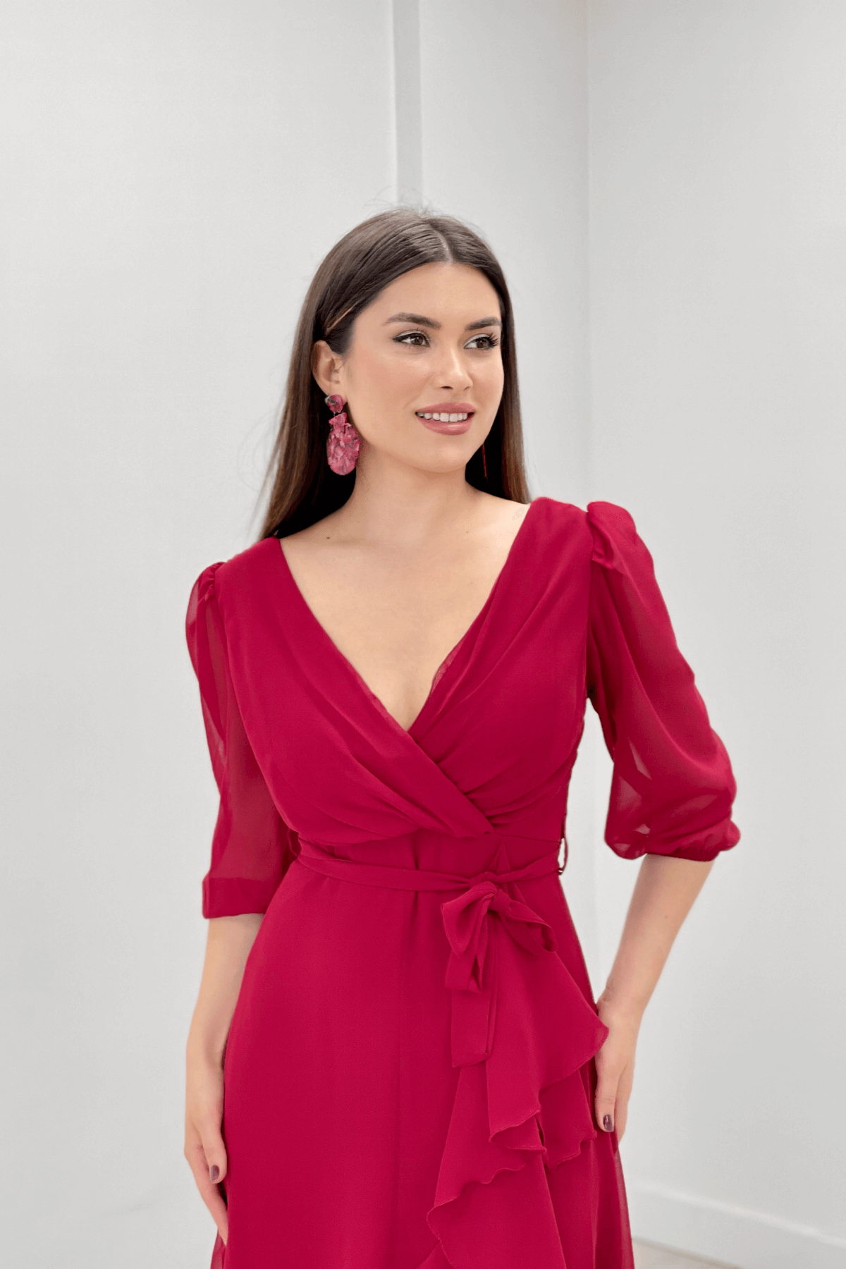 Şifon Kumaş Volan Detaylı Abiye Elbise - BORDO