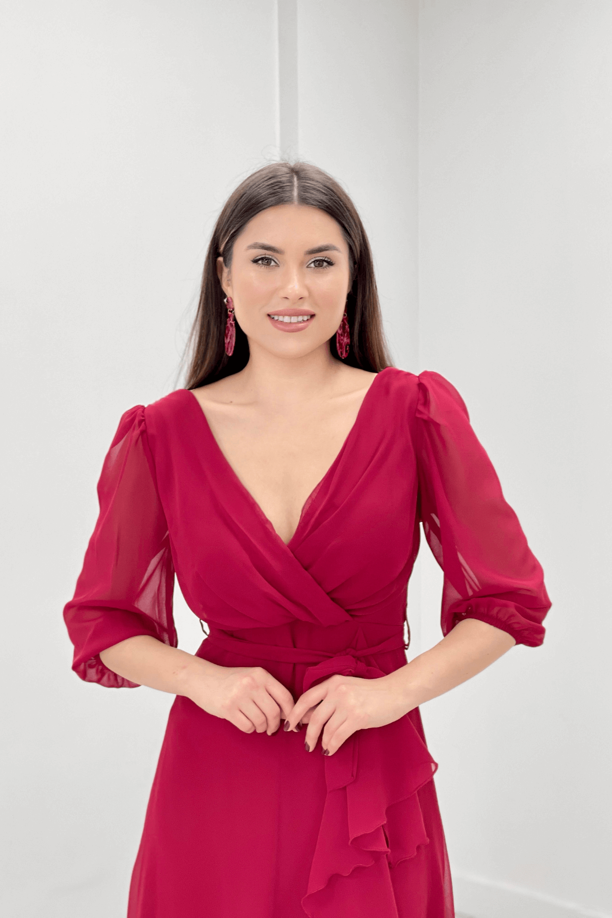 Şifon Kumaş Volan Detaylı Abiye Elbise - BORDO