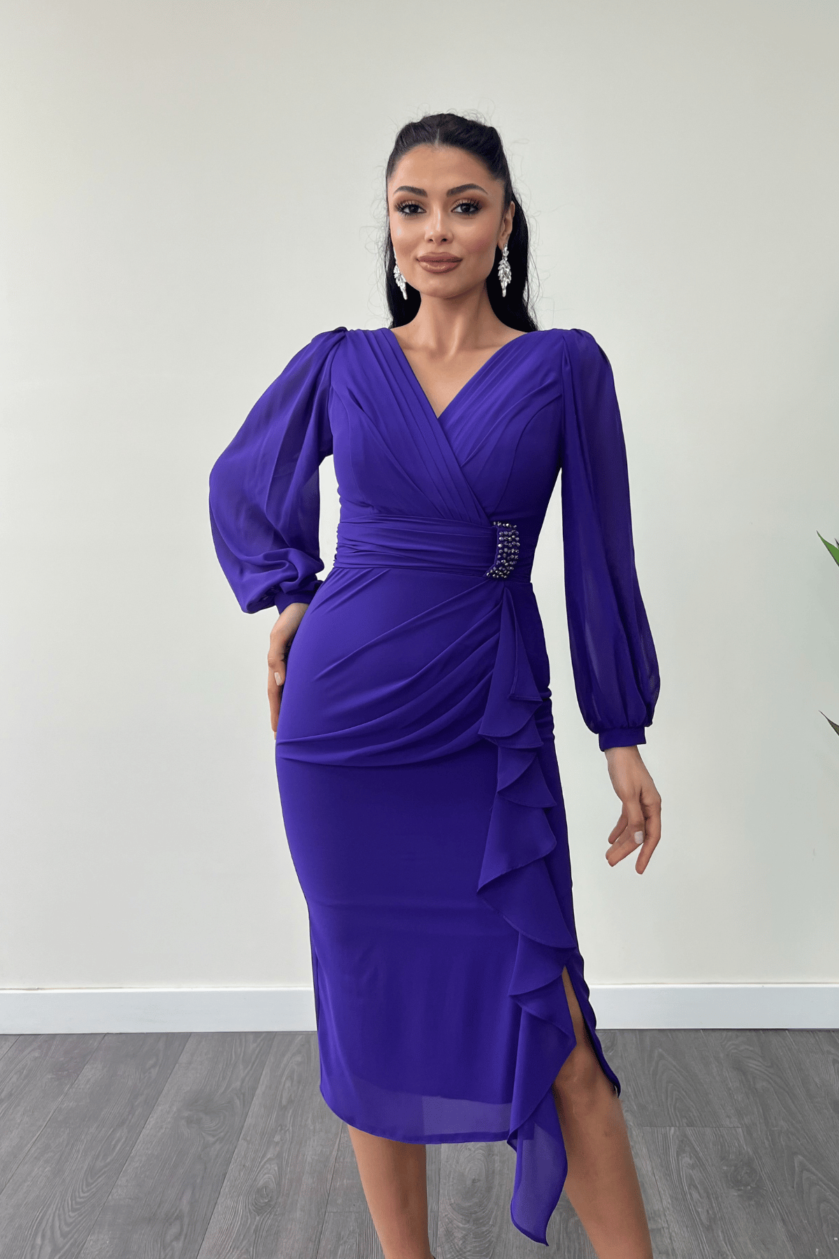 Şifon Kumaş Volan Detaylı Kalem Elbise - MOR