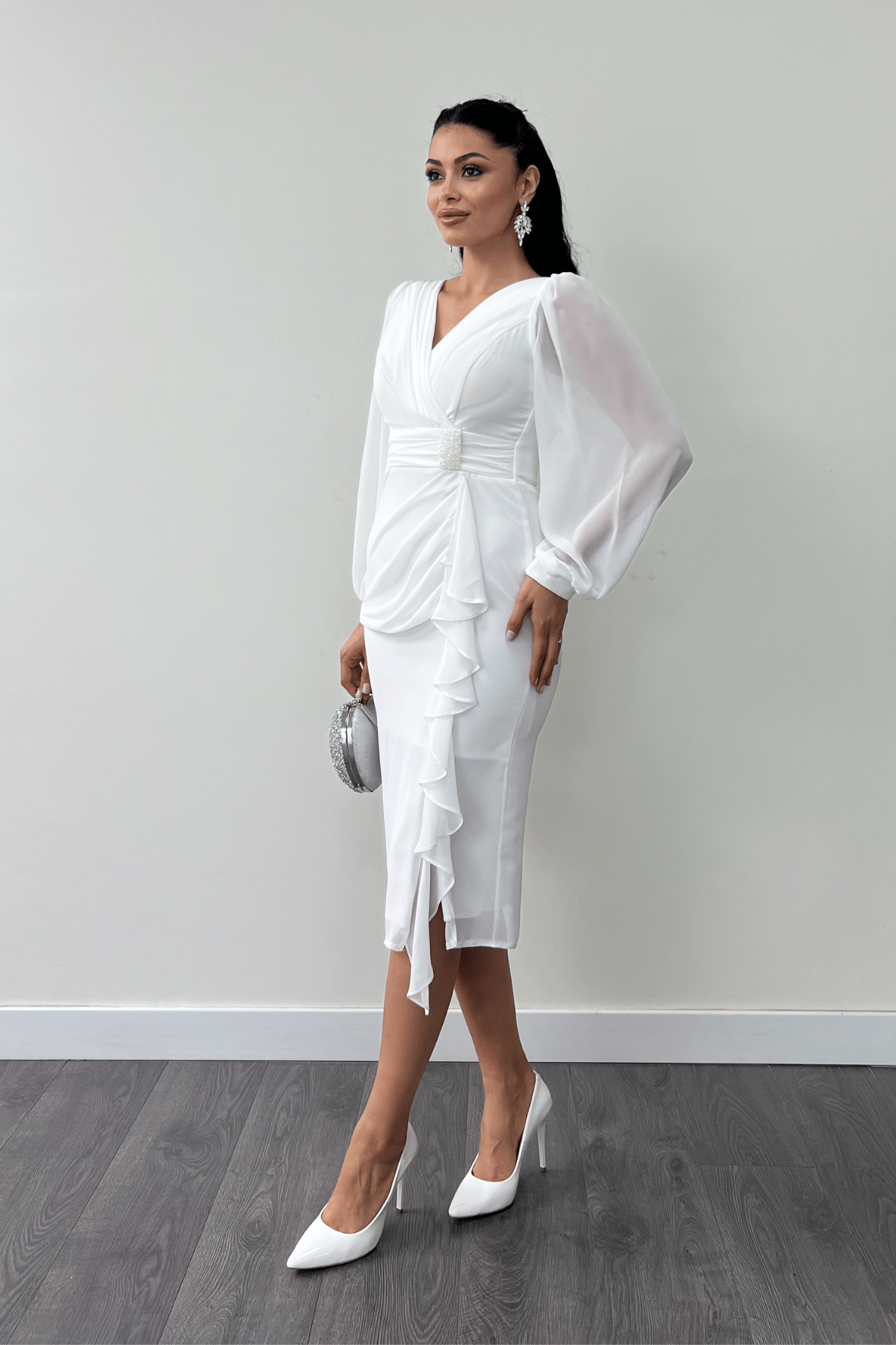 Şifon Kumaş Volan Detaylı Kalem Elbise - BEYAZ