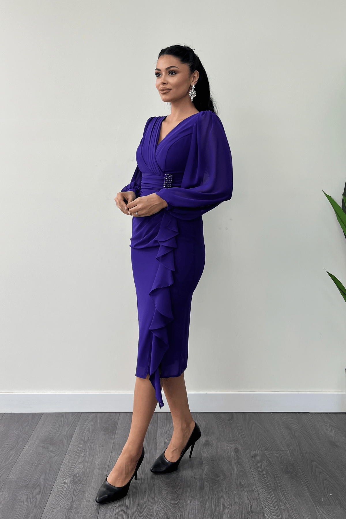 Şifon Kumaş Volan Detaylı Kalem Elbise - MOR