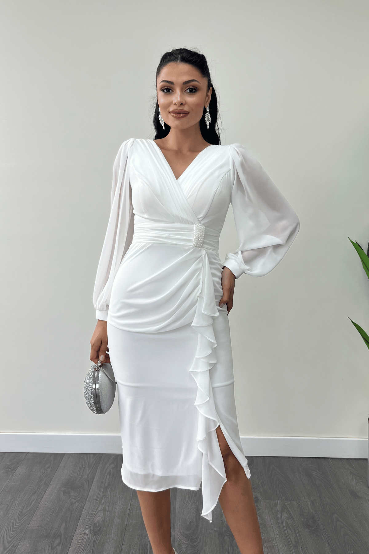 Şifon Kumaş Volan Detaylı Kalem Elbise - BEYAZ