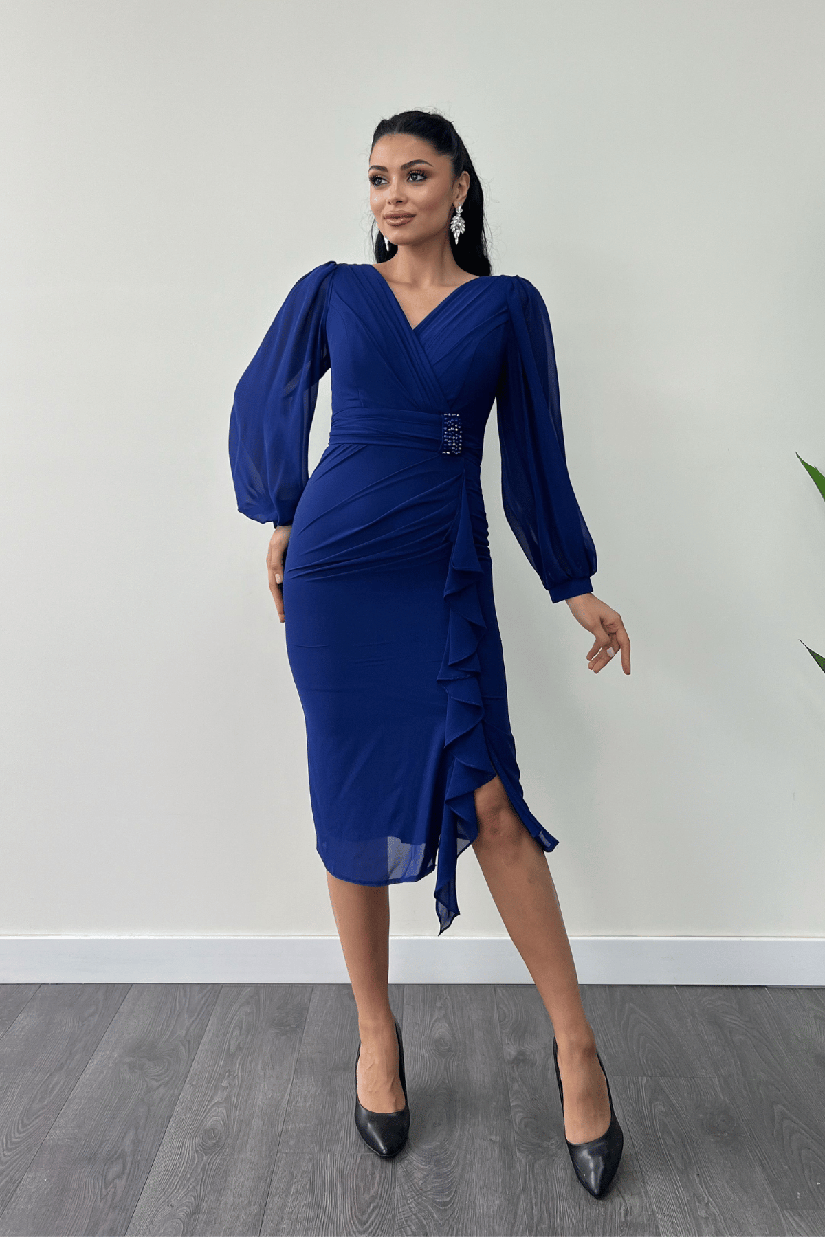 Şifon Kumaş Volan Detaylı Kalem Elbise - SAKS MAVİ