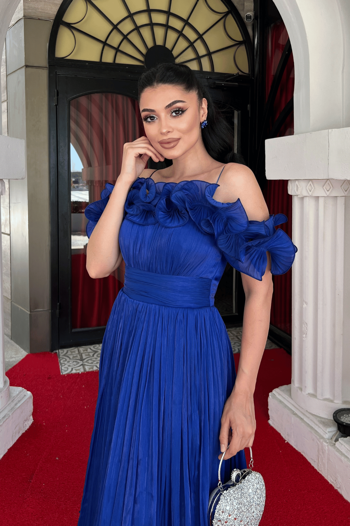 Şifon Kumaş Volan Detaylı Midi Elbise - SAKS MAVİ