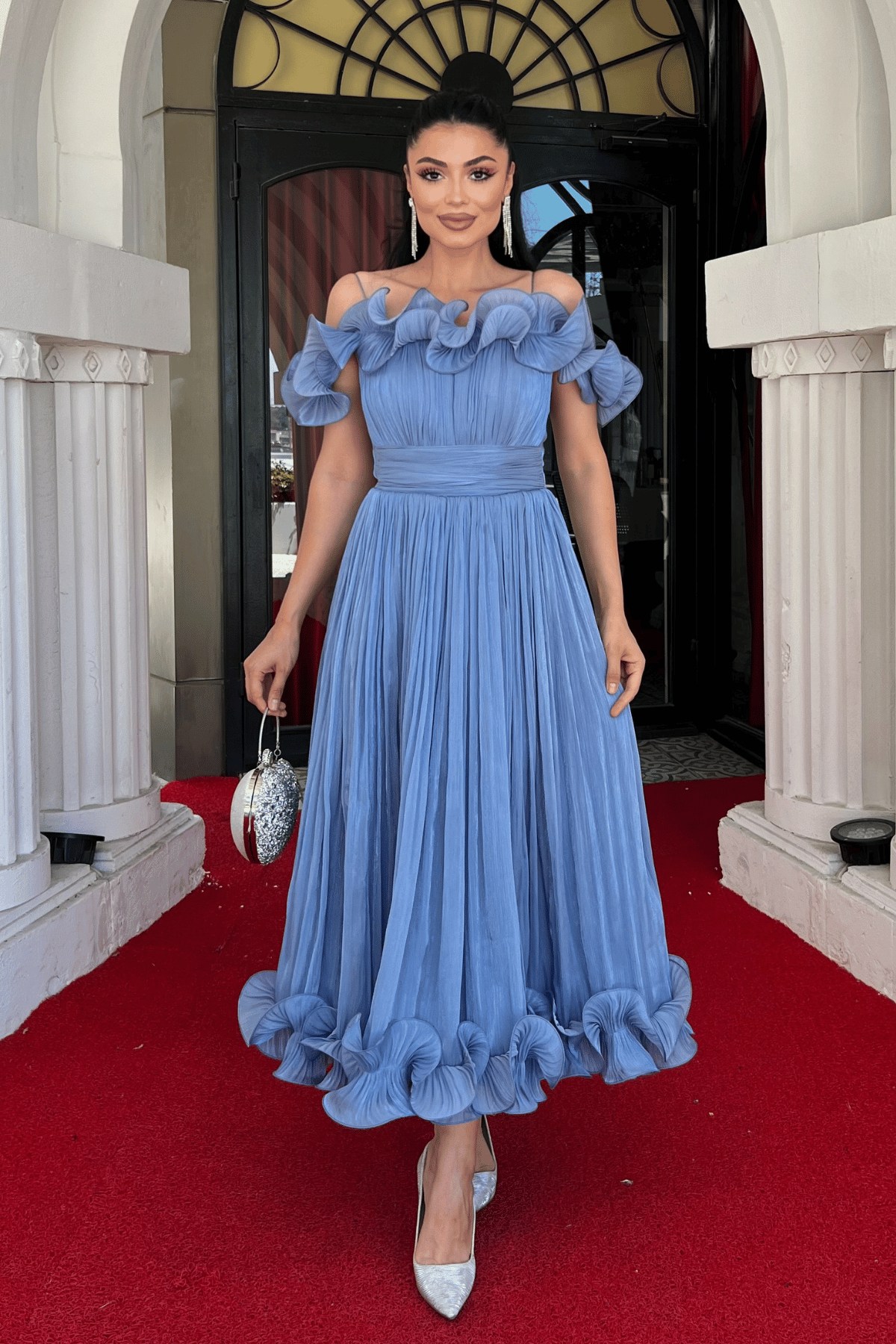 Şifon Kumaş Volan Detaylı Midi Elbise - İNDİGO MAVİ