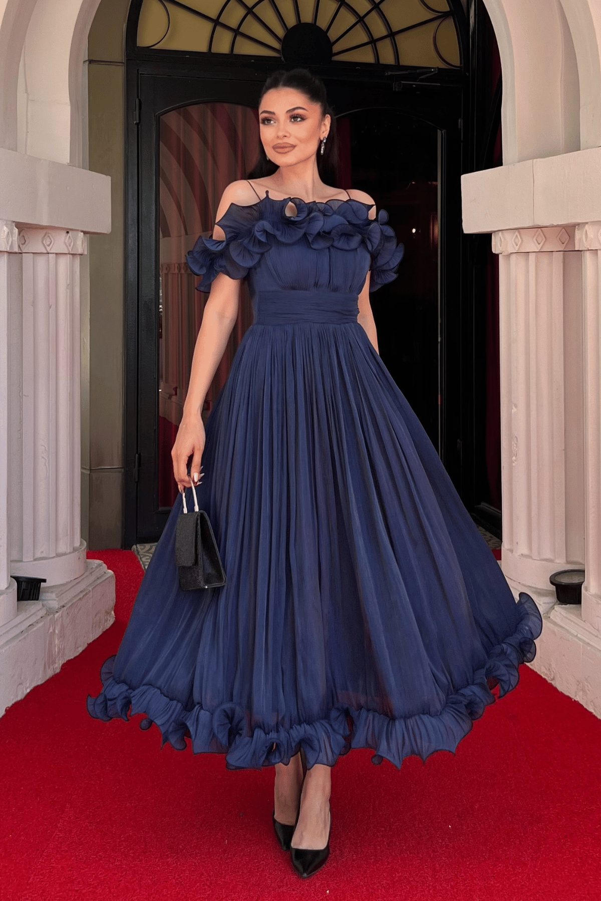 Şifon Kumaş Volan Detaylı Midi Elbise - LACİVERT