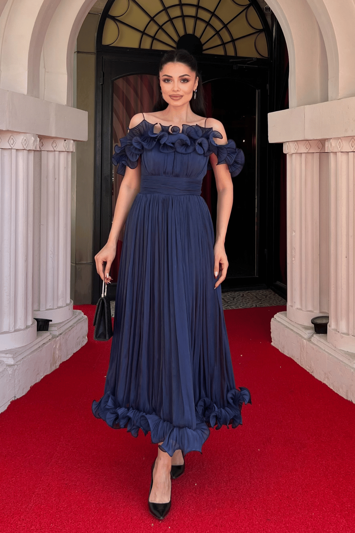 Şifon Kumaş Volan Detaylı Midi Elbise - LACİVERT