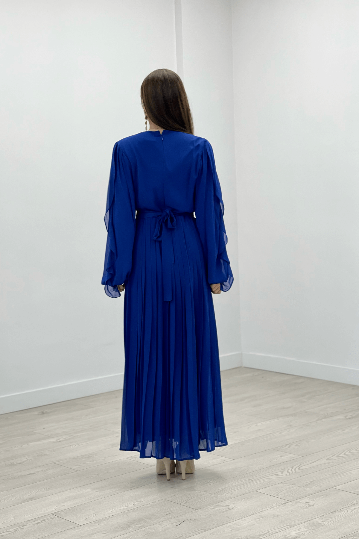 Şifon Kumaş Volan Plise Detaylı Abiye Elbise - SAKS MAVİ