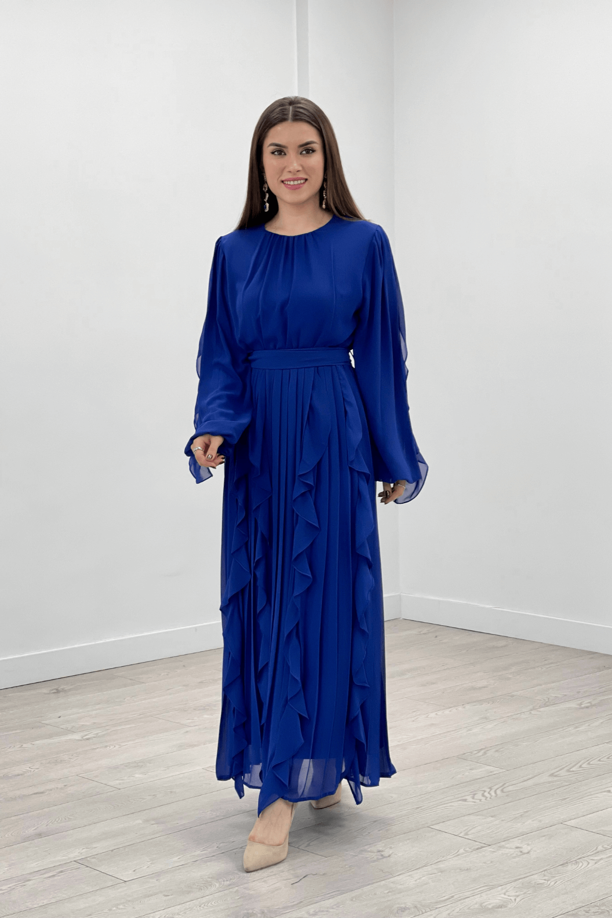 Şifon Kumaş Volan Plise Detaylı Abiye Elbise - SAKS MAVİ