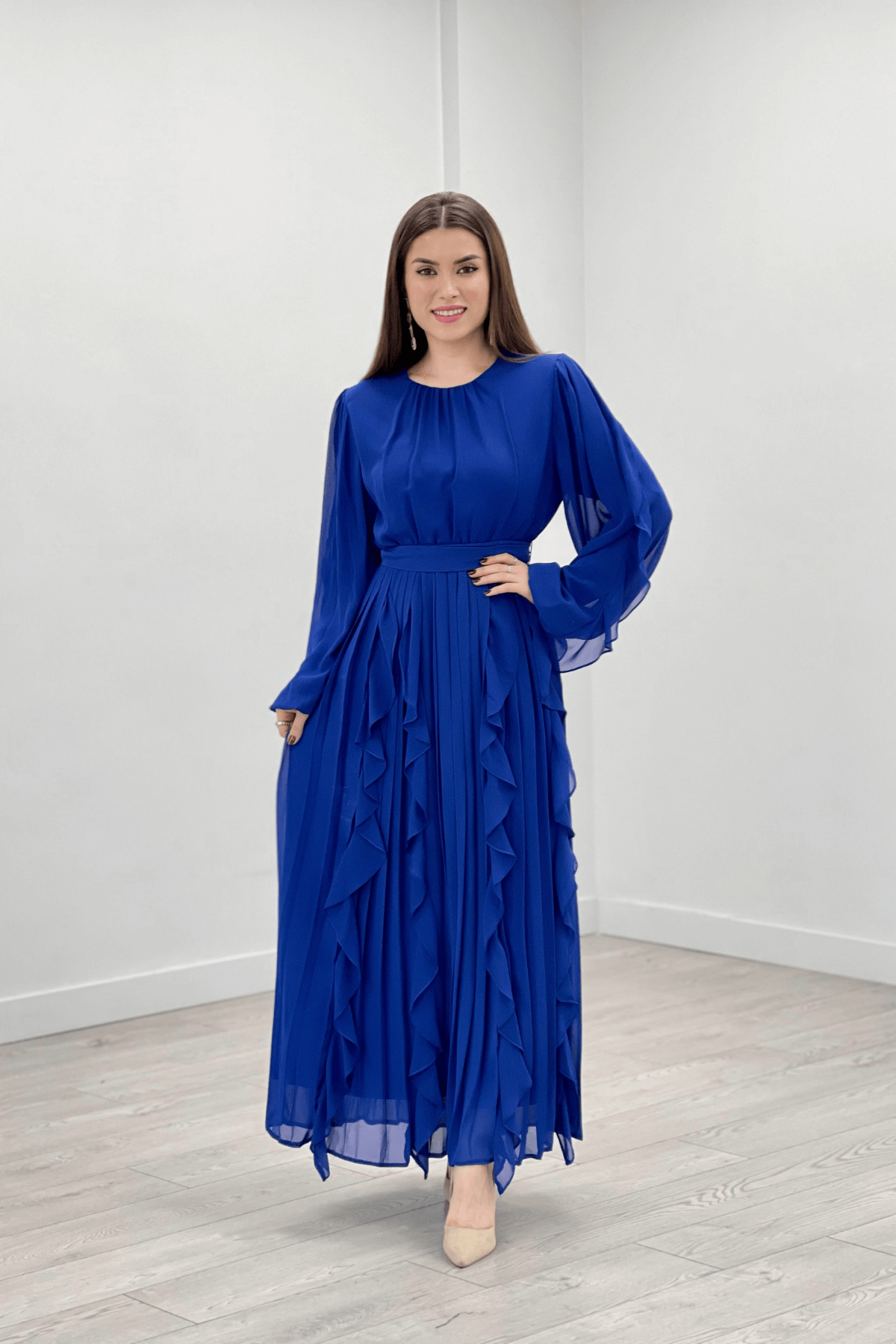 Şifon Kumaş Volan Plise Detaylı Abiye Elbise - SAKS MAVİ